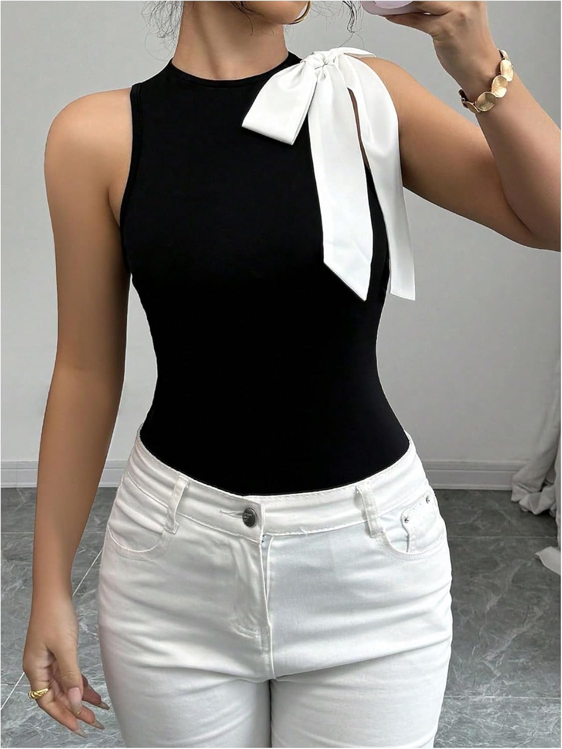 Milumia Women's Bow Tie Crewneck Sleeveless Top Colorblock Trendy Slim Fitted Tank Tops - Image 4