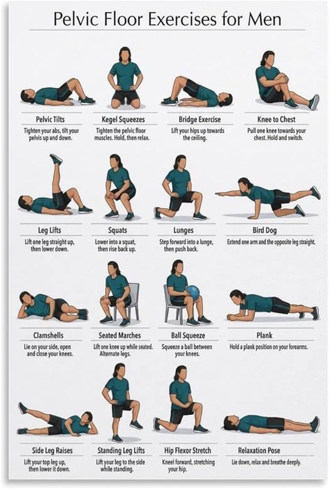 Men Pelvic Floor Exercises Chart Poster Core Strength Training Wall Art Canvas Print for Living Room Bedroom Decor(Unframed,08x12inch(20x30cm))