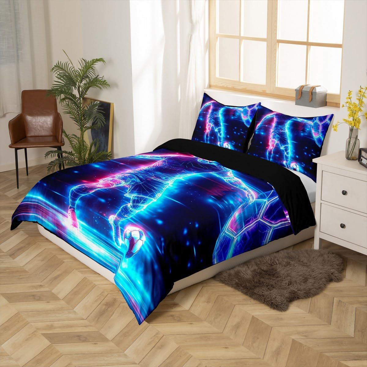 Soccer Player Duvet Cover,Kids Football Bedding Set,Neon Sports Soccer Comforter Cover for Boys Girls Room Decor,Cool Ball Games Bedspread Cover Twin Size with 1 Pillow Case(No Comforter)