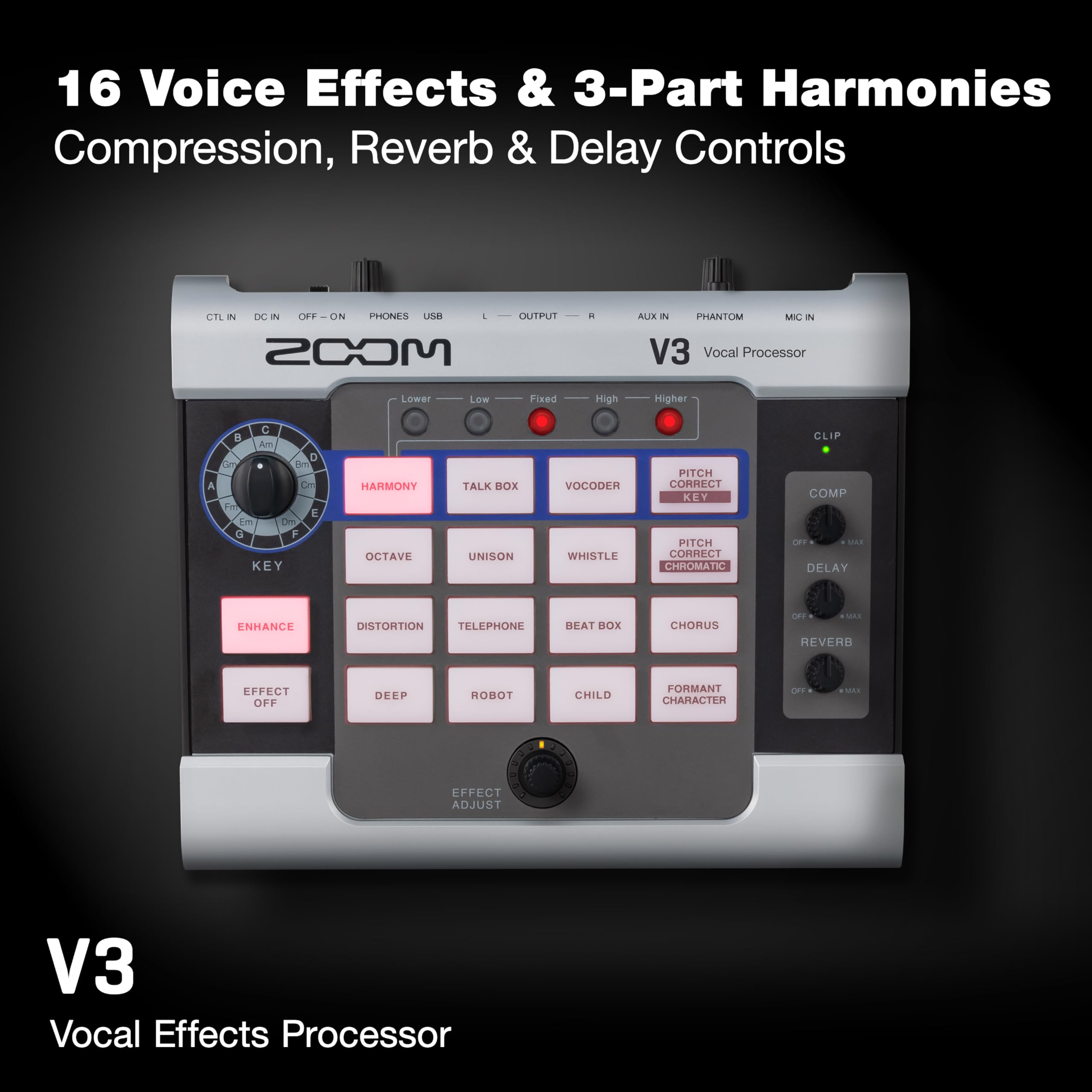 Zoom V3 Vocal Processor, Harmony, Pitch Correction, Reverb, Delay