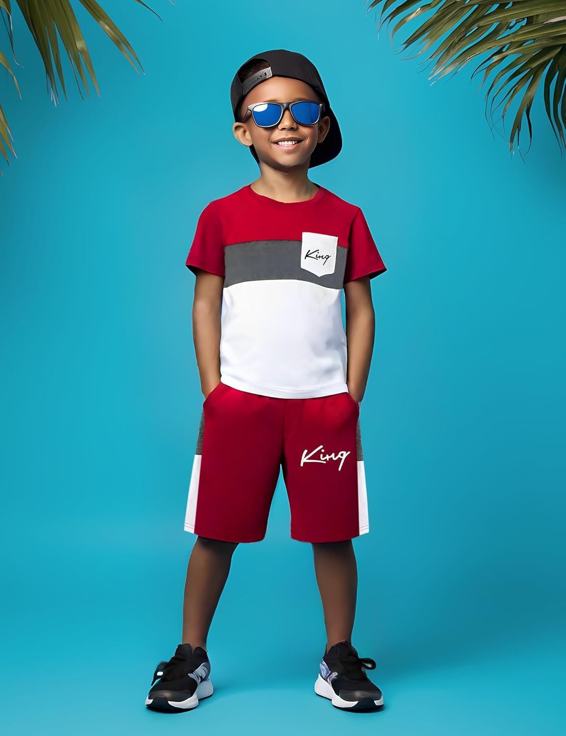Size 6-12 Years Boys Summer Outfits Set Kids Short Sleeve Top T-Shirt & Shorts Color Block Clothing Sets - Image 4