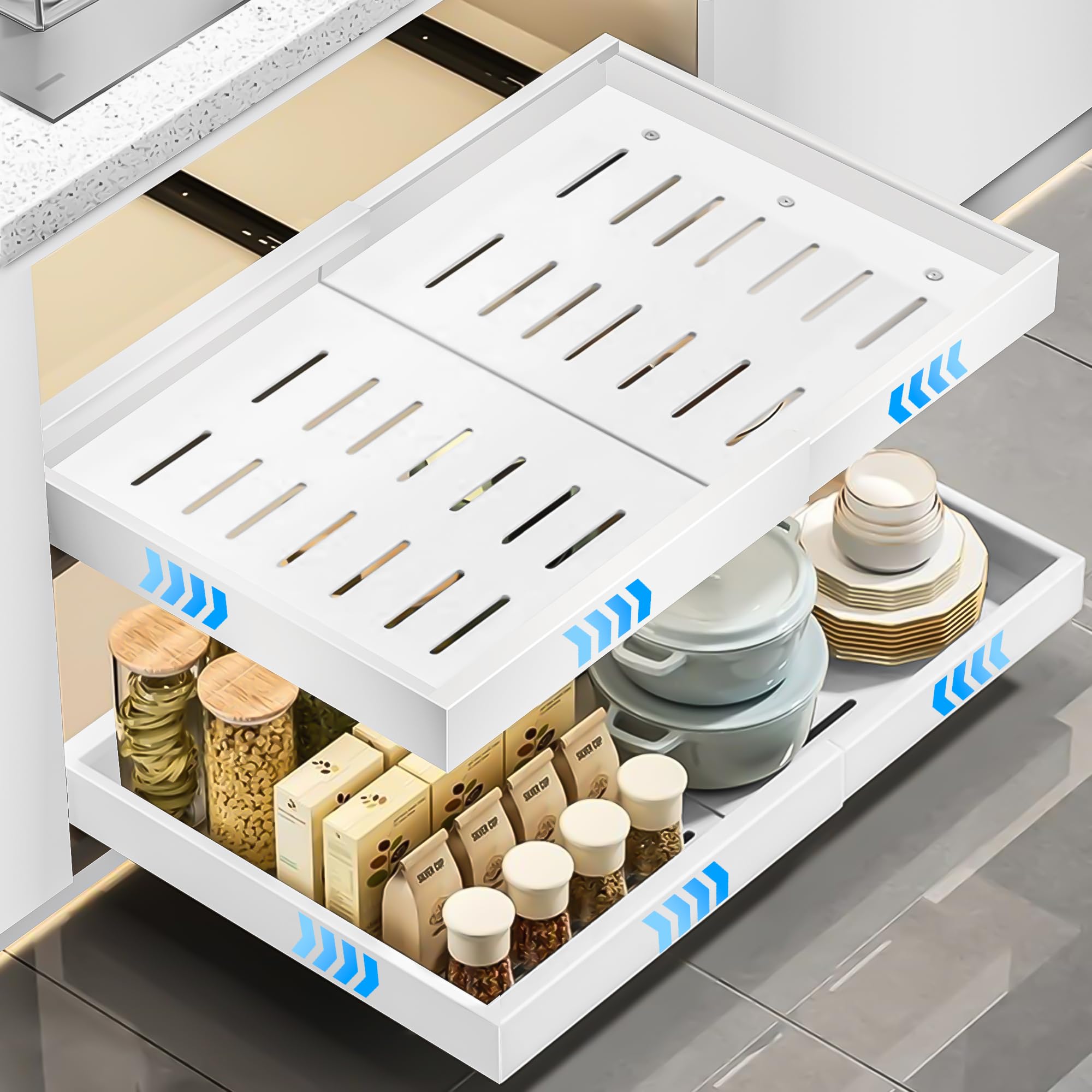 4 Pieza Cajón Telescópico para Pegar, (32-52 cm ancho × 53 cm prof. × 7,5 cm alto) Extraíble para Cocina, Organizador de Cajones de Cocina, sin Necesidad de Taladrar ni Clavar, Blanco