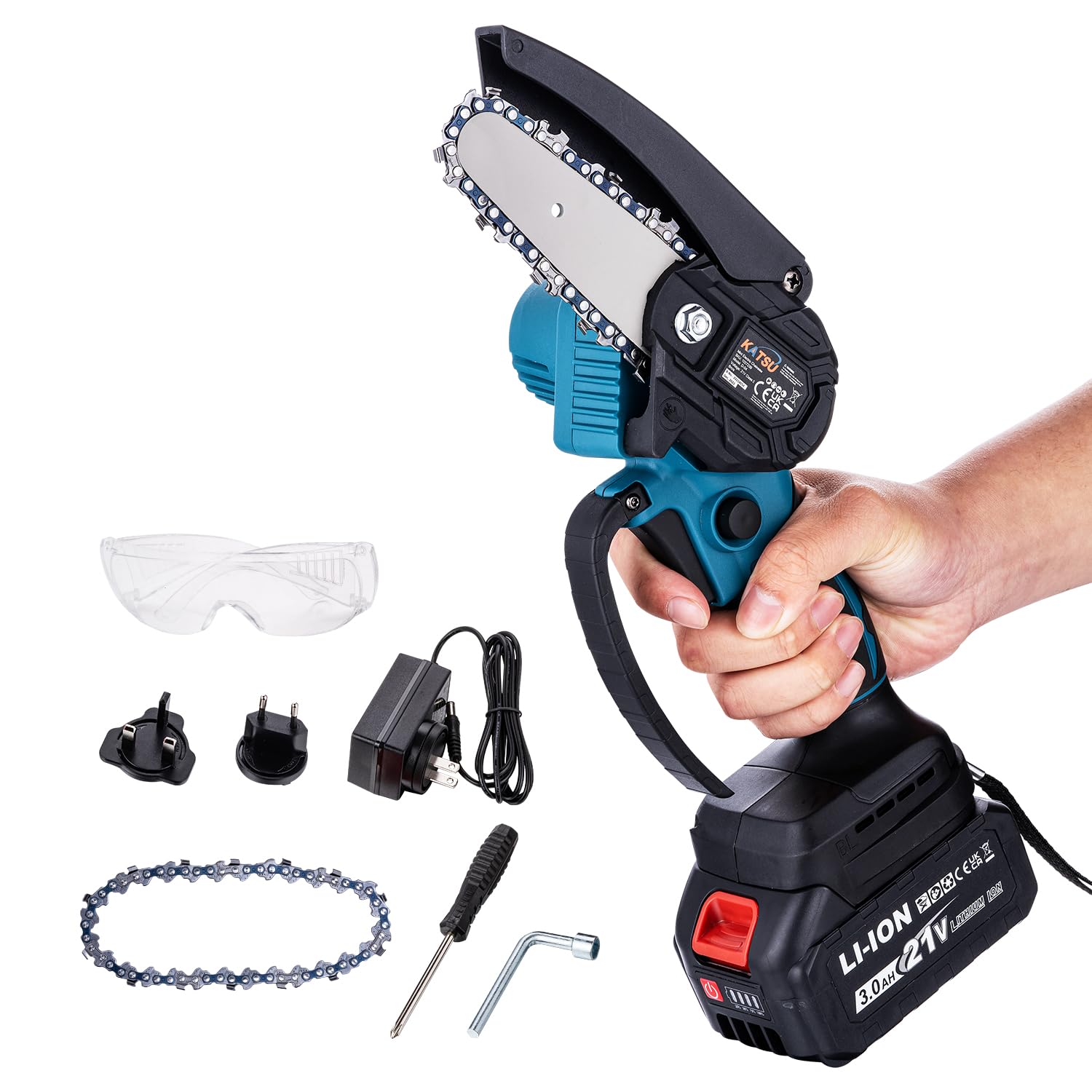 Katsu Tools Women's Katsu Fit-Bat 21V Brushless Cordless Mini Chainsaw 4 Inch With 3.0Ah Battery And Charger, Extra Chain, Lightweight Portable For Garden Tree Branches Trimming Pruning Wood Cutting