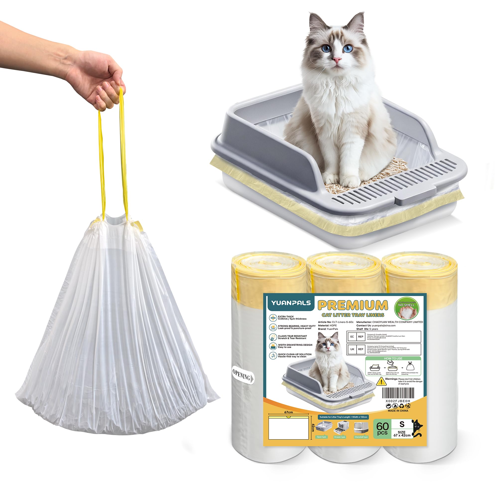 YuanPals 60pcs Cat Litter Tray Liners with Drawstrings Scratch Resistant Bags for Litter Box-S(67x42CM))