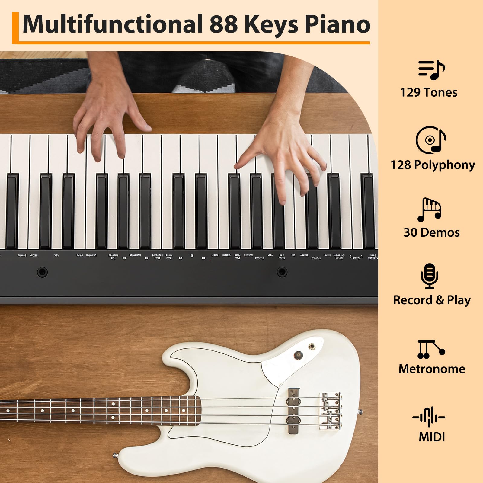 88 Key Portable Electric Semi-Weighted Keyboard Piano for Beginners and Professionals with Power Supply, Pedal, and Built-In Speakers,No Stand Included