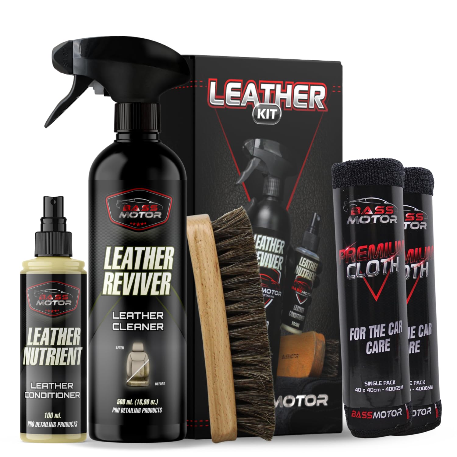 BassMotor - Leather, Suede & Alcantara Car Kit - Cleans, degreases & nourishes seats & upholstery. Includes: Leather Reviver 500ml, Nutrient 100ml, Pro Brush & 2 Premium Microfiber Cloths.