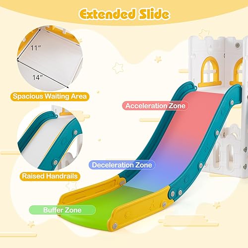 Miniatura 3 de BABY JOY Tobogán para niños pequeños, juego de tobogán 6 en 1 para interiores con aro de baloncesto, telescopio, escalera de escalada y espacio de