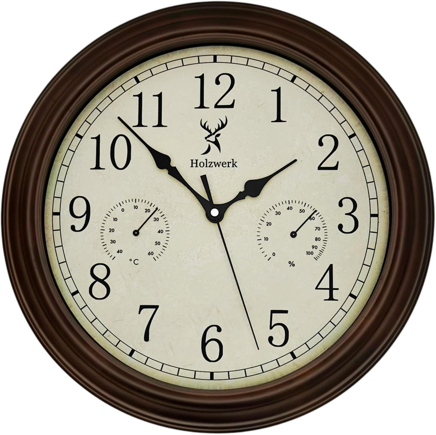 Holzwerk HORNBERG Reloj de pared de 35 cm, 14 pulgadas, vintage, retro, de cuarzo, con indicador de temperatura e higrómetro, medidor de humedad, termómetro, cristal redondo, reloj de madera