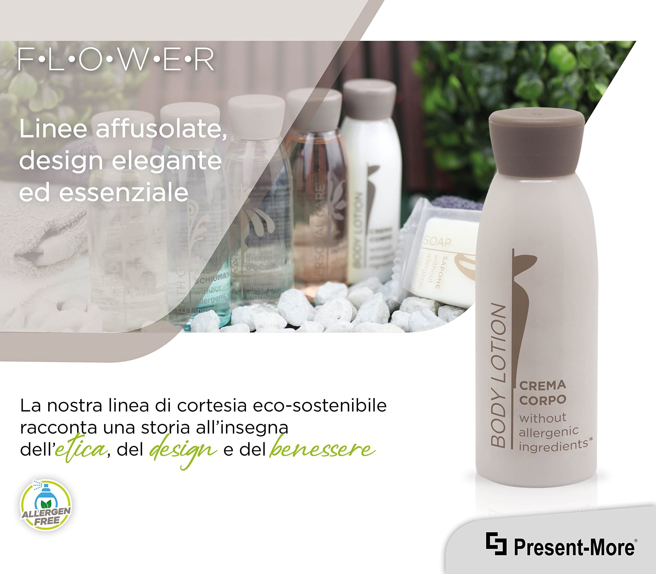 PRESENT-MORE - Mini Crema Corpo 30ml Flower - 250 Pezzi | Body Lotion Senza Allergeni - Fragranza Tè Verde - Ideale per Hotel e B&B