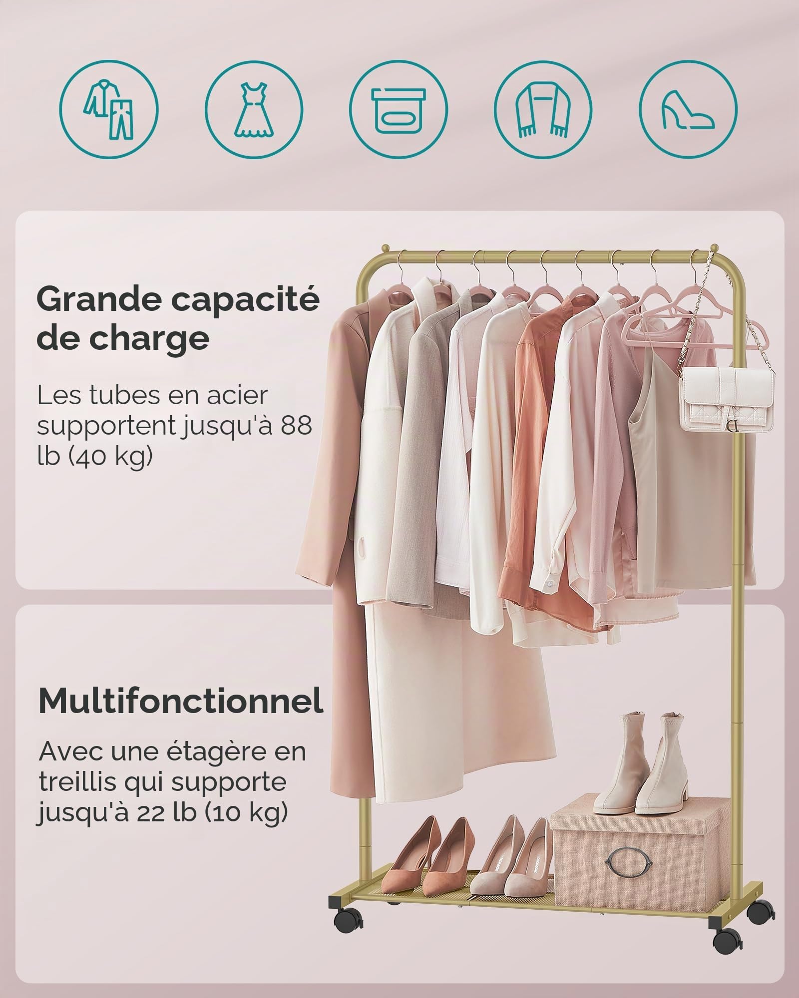 SONGMICS UHSR025A01 Portant à vêtements avec roulettes, pour suspendre les vêtements, 25,4 mm, avec étagère de rangement en maille dense, capacité de charge de 50 kg, 2 freins, doré