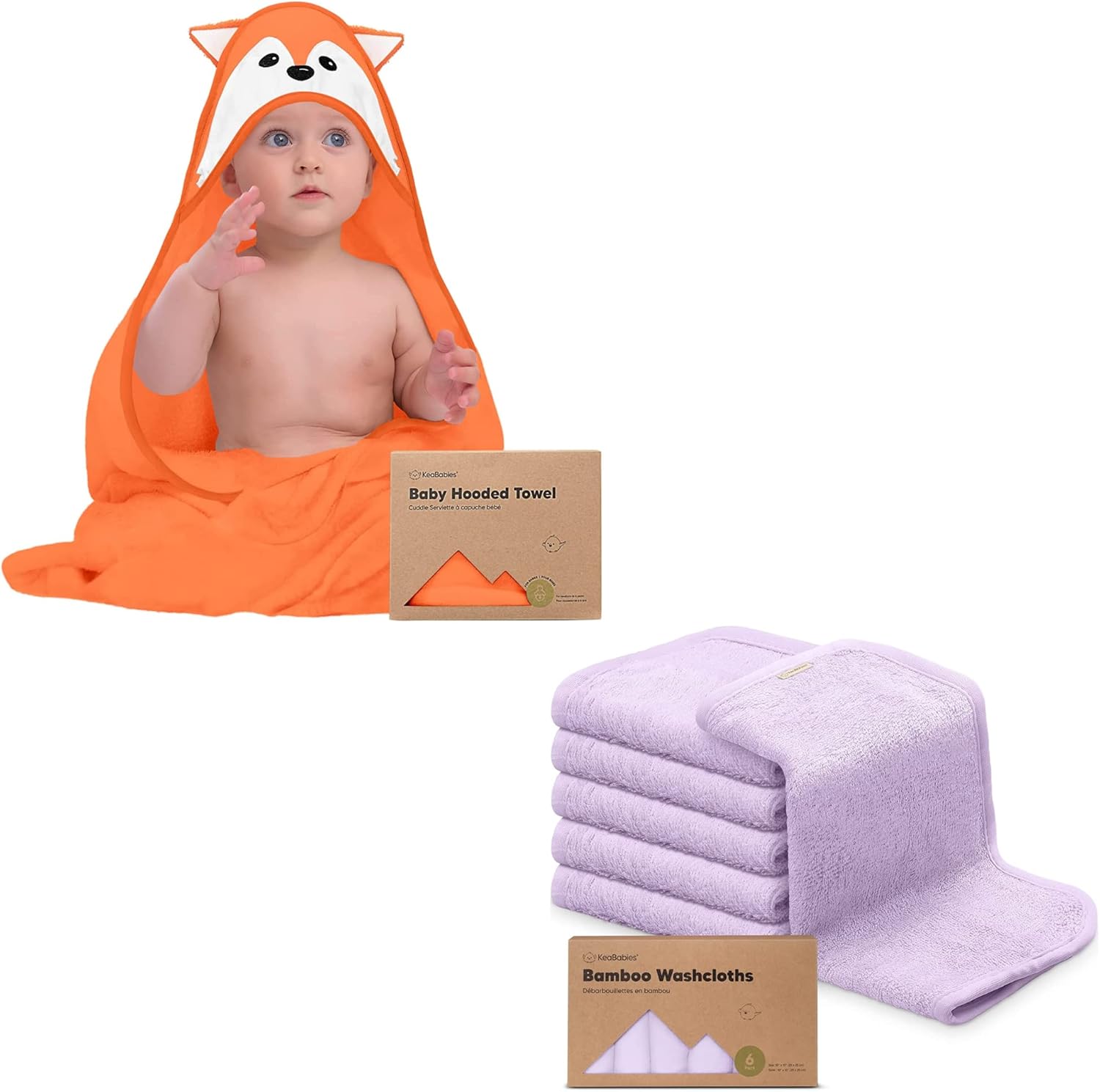 KeaBabies Baby Hooded Towel and Baby Washcloths for Newborn, Kids - Soft Bath Towels with Hood for Toddlers - Soft, Absorbent Infant Bath Cloth and Newborn Face Washcloths