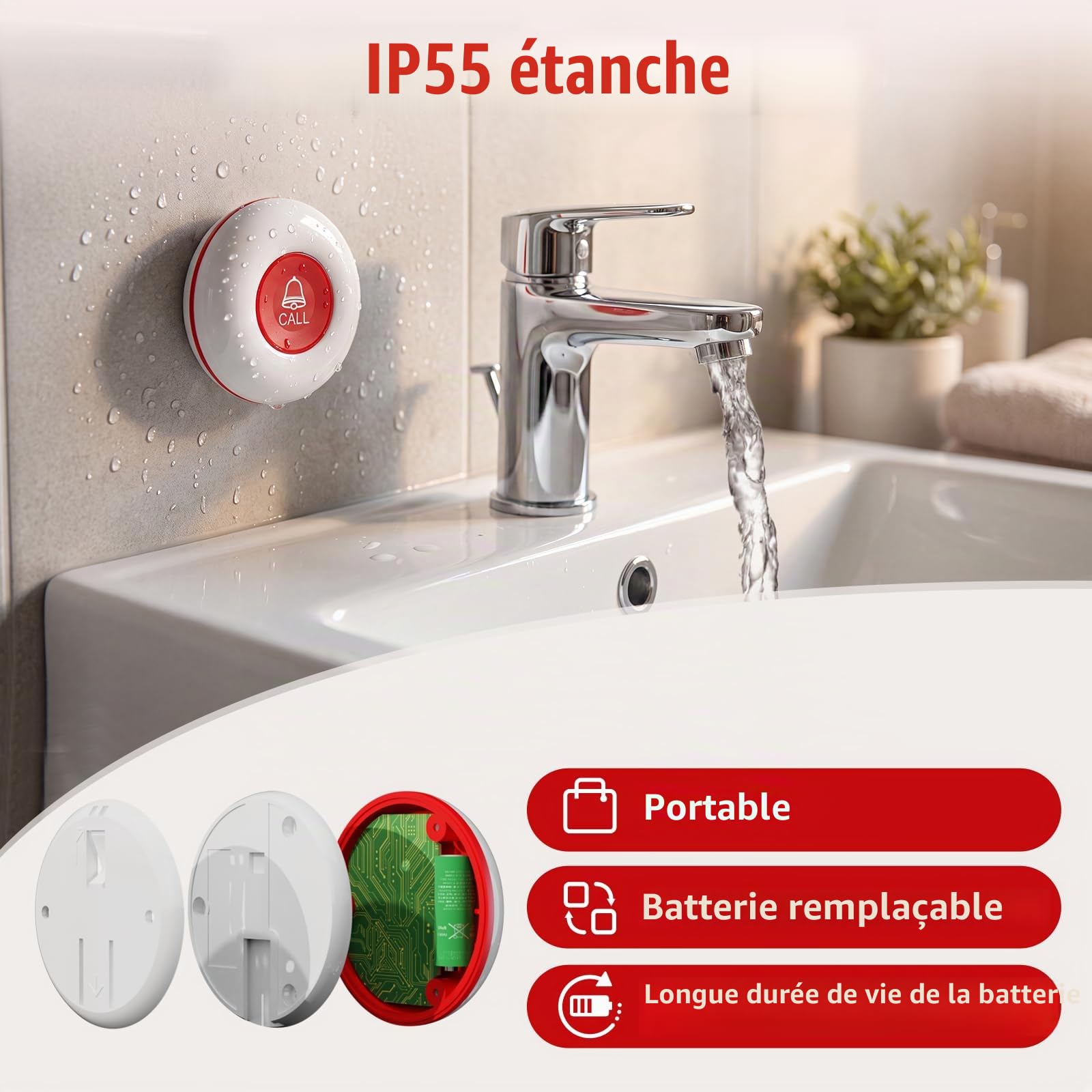 CallToU Bouton d'appel d'urgence Bouton d'appel sans Fil système d'alarme infirmière 500 + Pieds pour la Maison/Personnes âgées/Patients/handicapés (2 émetteurs 2 récepteurs)