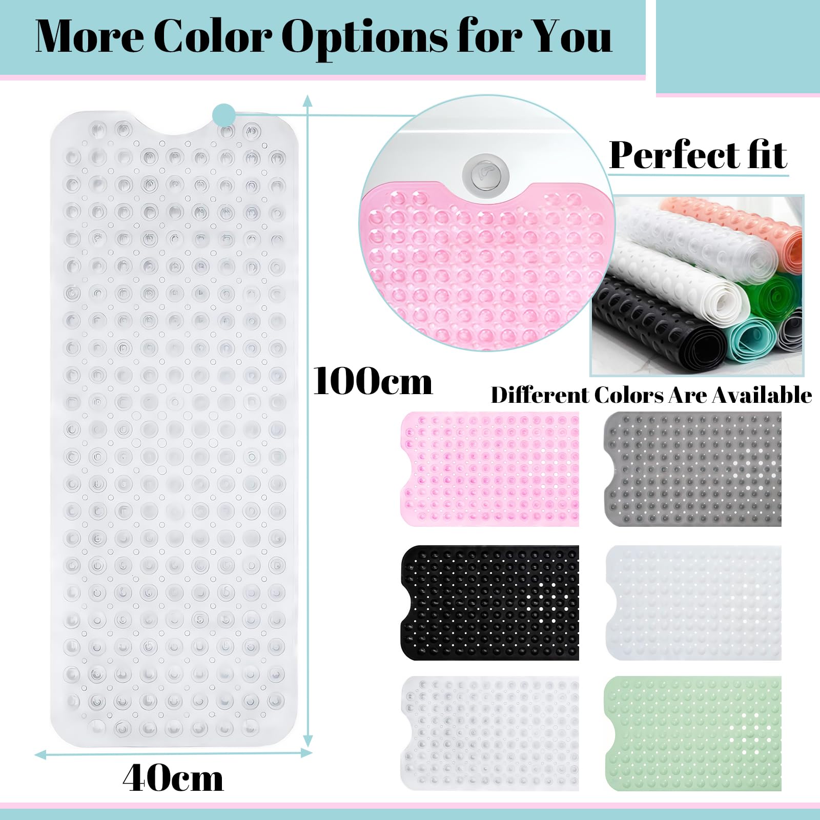 Shower Bath Mat 100x40cm,Extra Long Shower Mat Anti Mould Bath Mats Clear,Non Slip Bath Mat for Tub,Shower Mats with Suction Cups,Drain Holes,Machine Washable Bathroom Bathtub for Kids,Elderly - Image 2