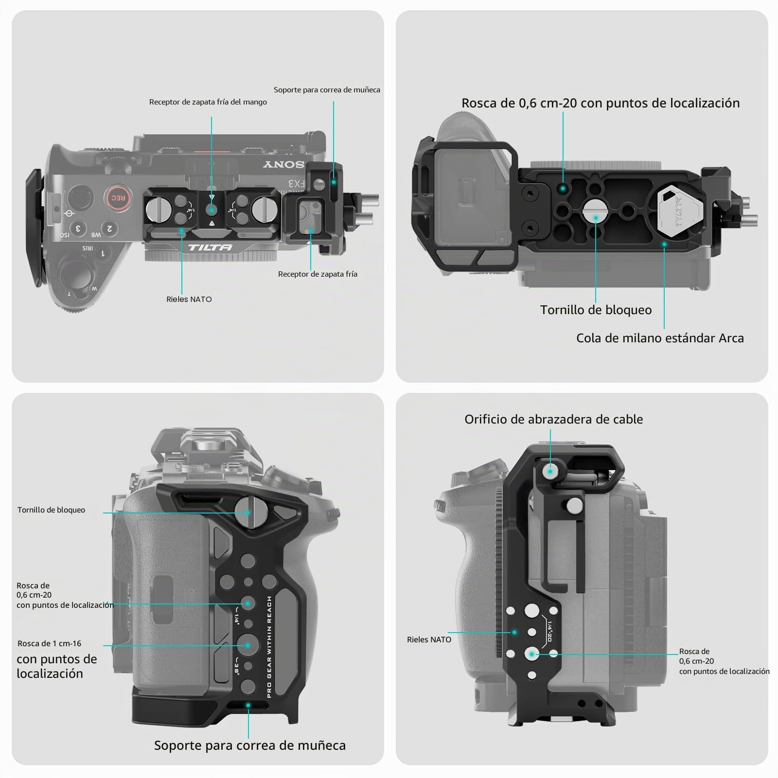 Tilta FX3 FX30 Cage, Jaula de la cámara completa compatible con Sony FX30 FX3 con HDMI Cable Clamp NATO Rail 1/4"-20 3/8"-16 Roscas con pasadores de localización - Negro TA-T16-FCC-B