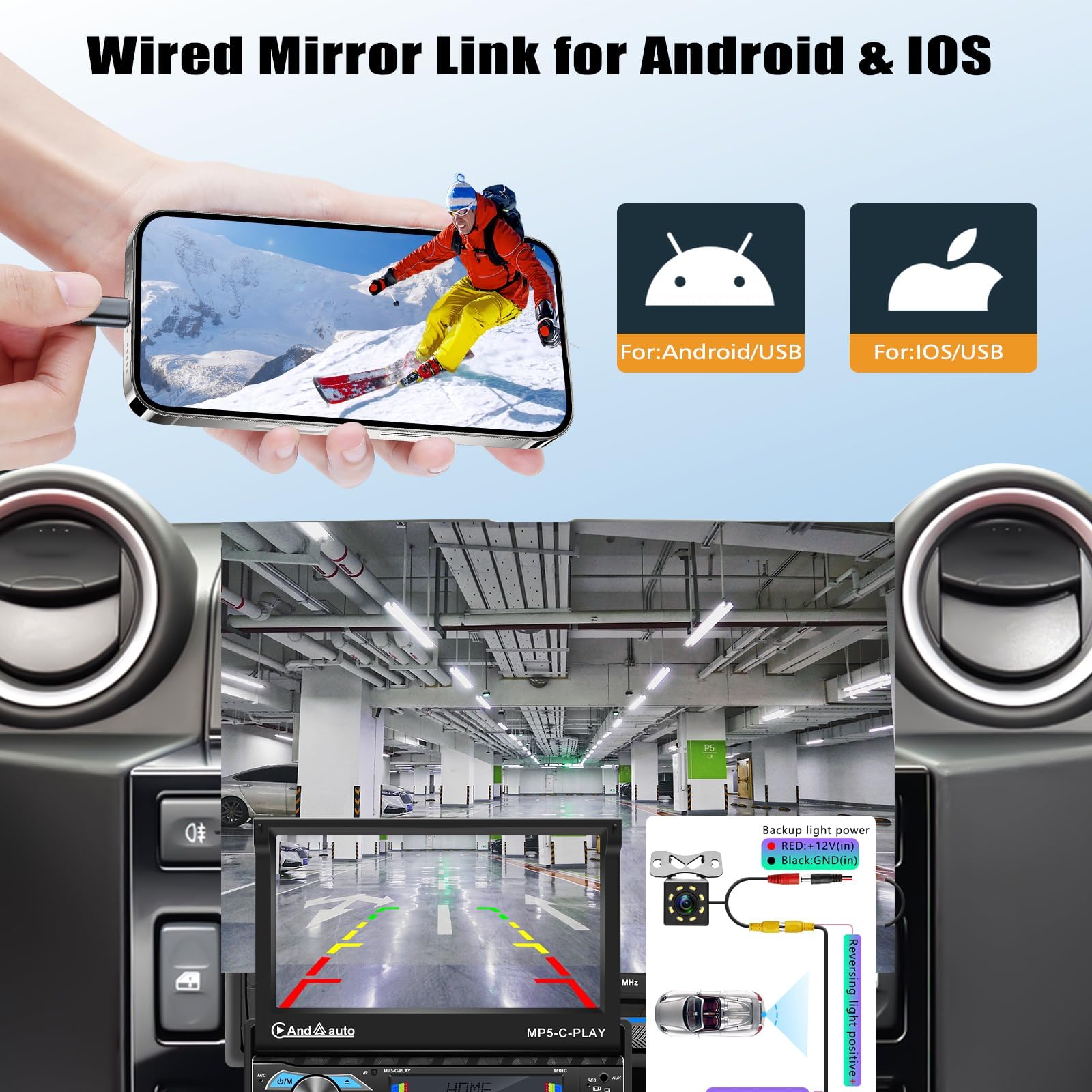 Autoradio Écran Tactile 1 Din de 7 Pouces Capacitif à Déploiement Rapide avec Bluetooth Mirror Link FM/RDS SWC USB AUX + AHD Caméra de Recul