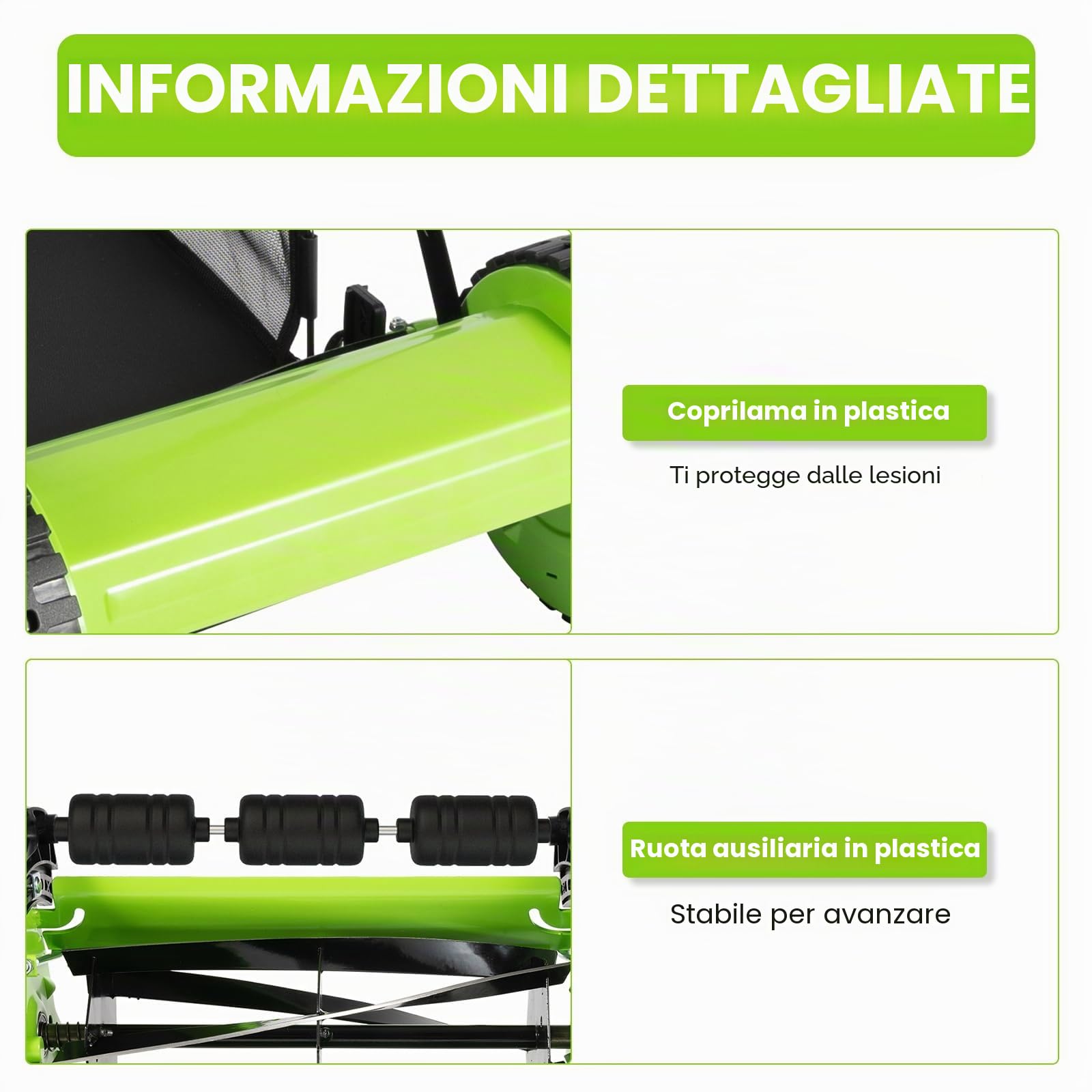 Tagliaerba manuale con larghezza di taglio di 300 mm, tosaerba con 5 lame, 23 l, capacità massima di 12-45 mm, altezza di taglio regolabile