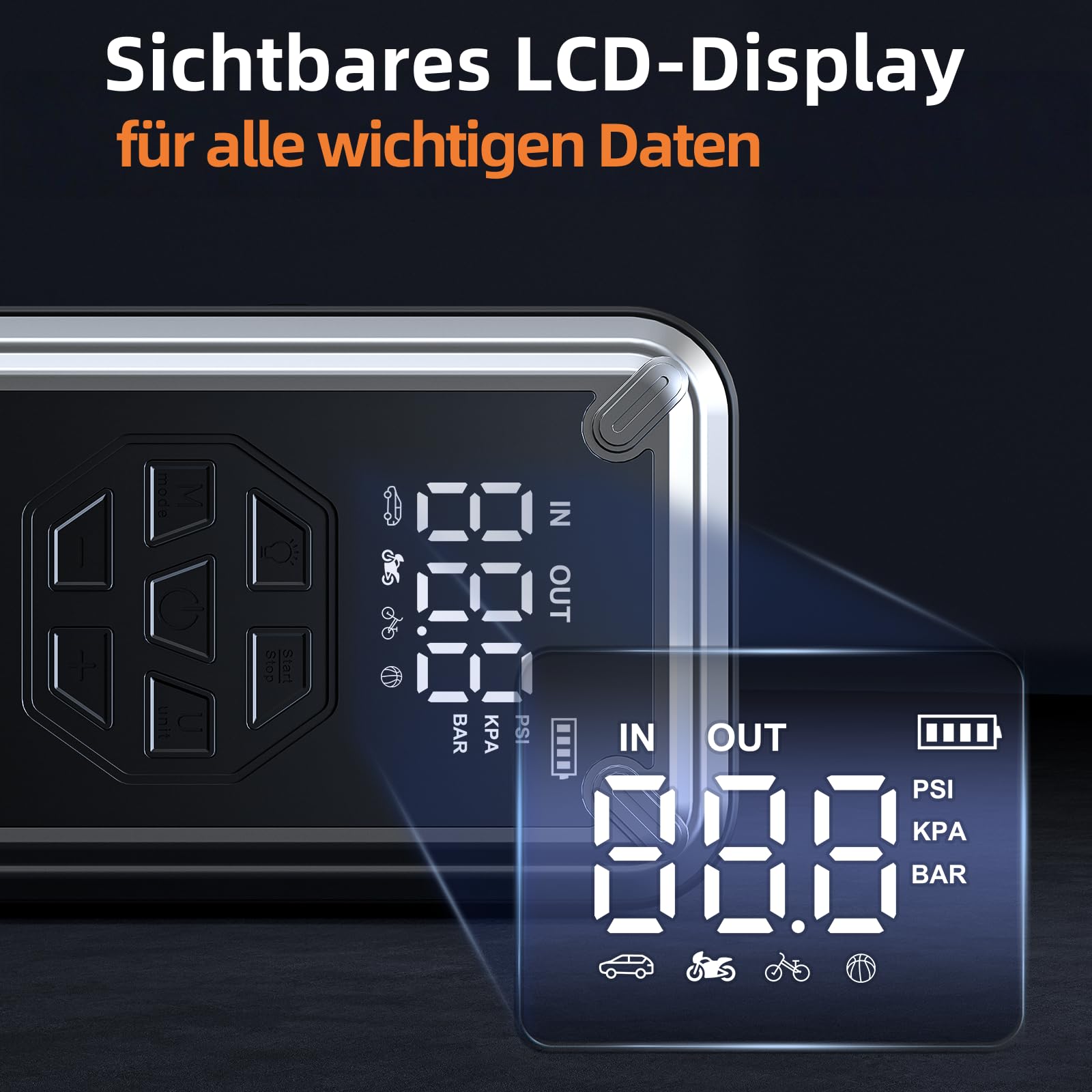 Auto Starthilfe Powerbank für Pkw, 21800mAh 7000A Starthilfe für Alle Benzin und 12,0L Diesel, Starter Powerbank mit 150PSI Kompressor, Eingang/Ausgang und 800LUM LED-Licht
