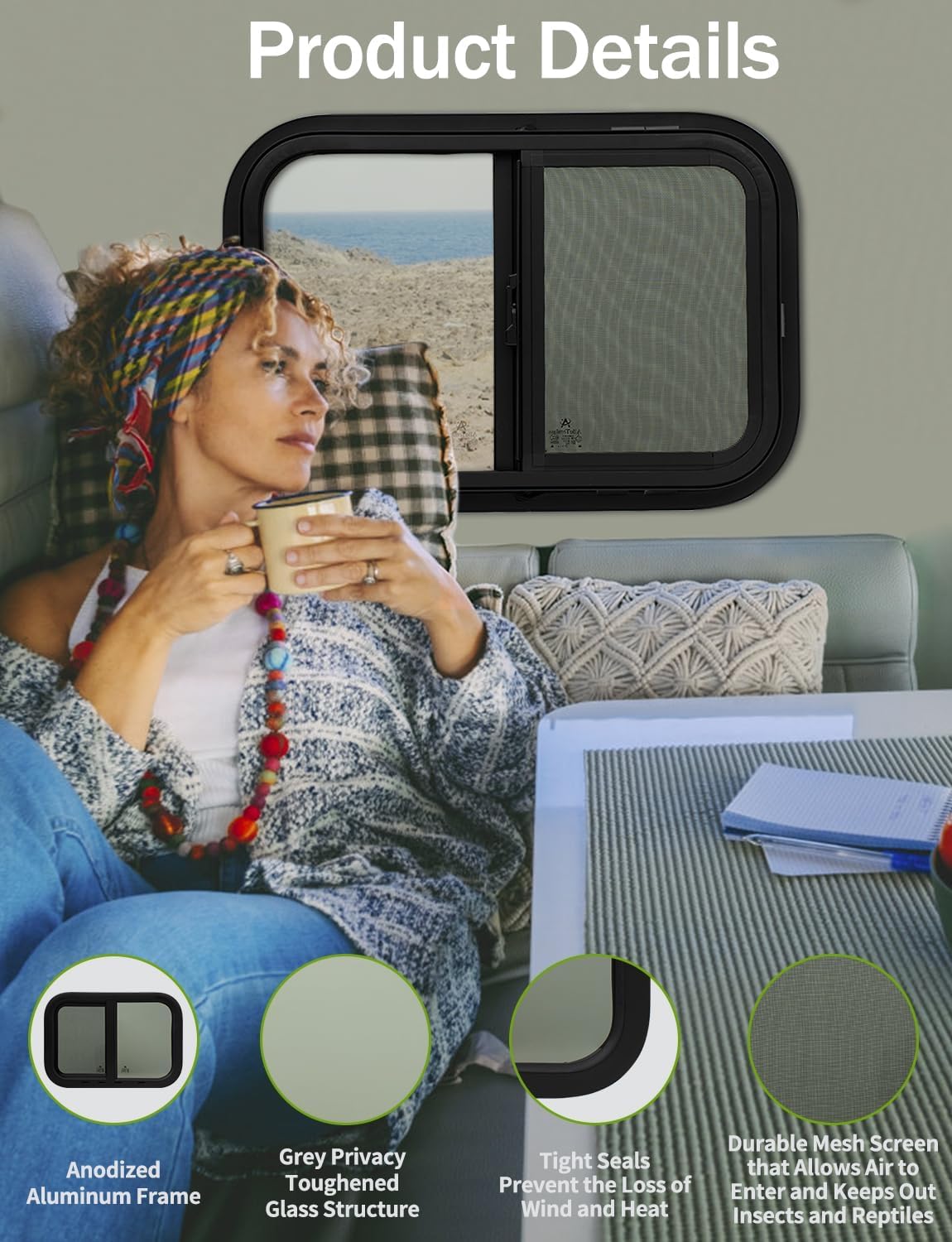 21"x14" RV Sliding Window - Horizontal Teardrop Style, DOT-Certified Tempered Glass & Trim Kit, Aluminum Alloy Frame w/Mesh Screen 21"x14" Horizontal