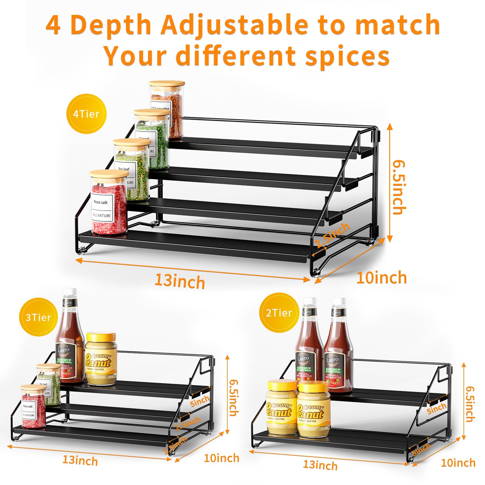 RCHYFEED Lot de 2 étagères à épices pour placard, garde-manger, étagère à épices à 4 niveaux, organisation facile à visibilité, étagère extensible pour assaisonnement pour armoire (noir, lot de 2)