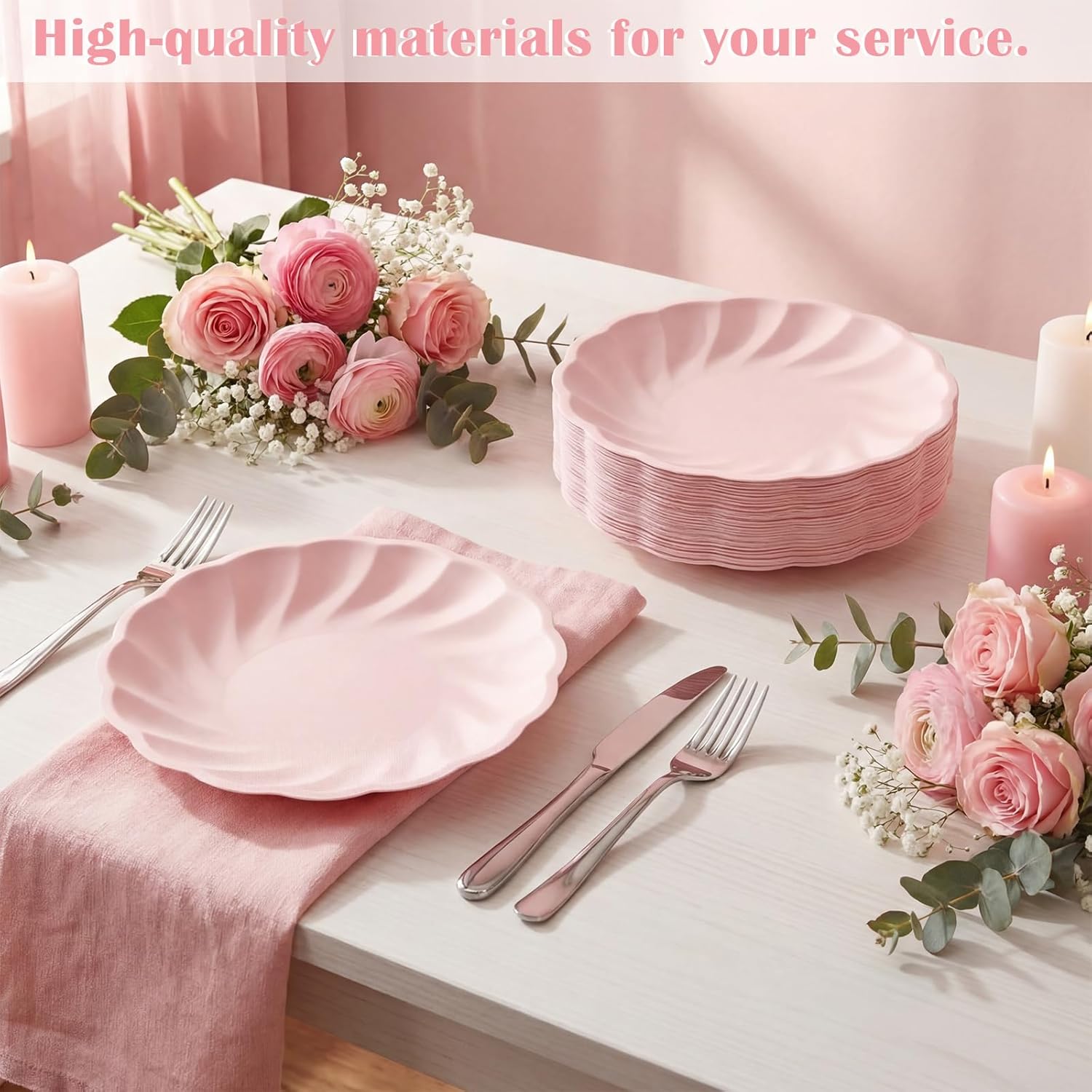 LemonRoad 9 Inch Pink Bamboo Paper Plates Disposable 50 Pack Heavy Duty Pink Paper Plates Bulk with Spiral Pattern Microwave Safe for Wedding Birthday Bridal Shower Camping Picnic Catering Events