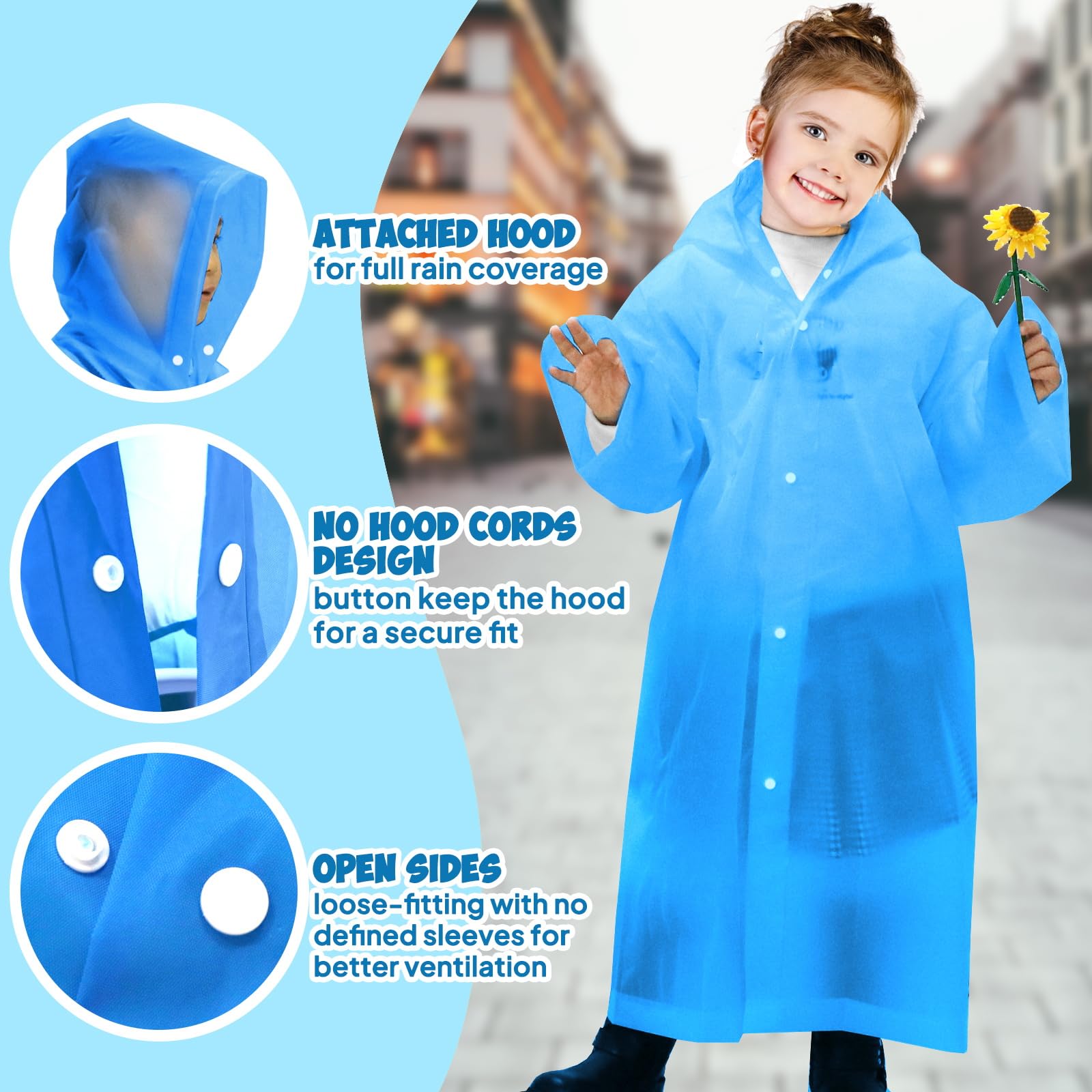 ANYOO Poncho de lluvia para niños con capucha, impermeable, ligero, reutilizable, para niños y niñas, para viajes de al aire libre, 110-150