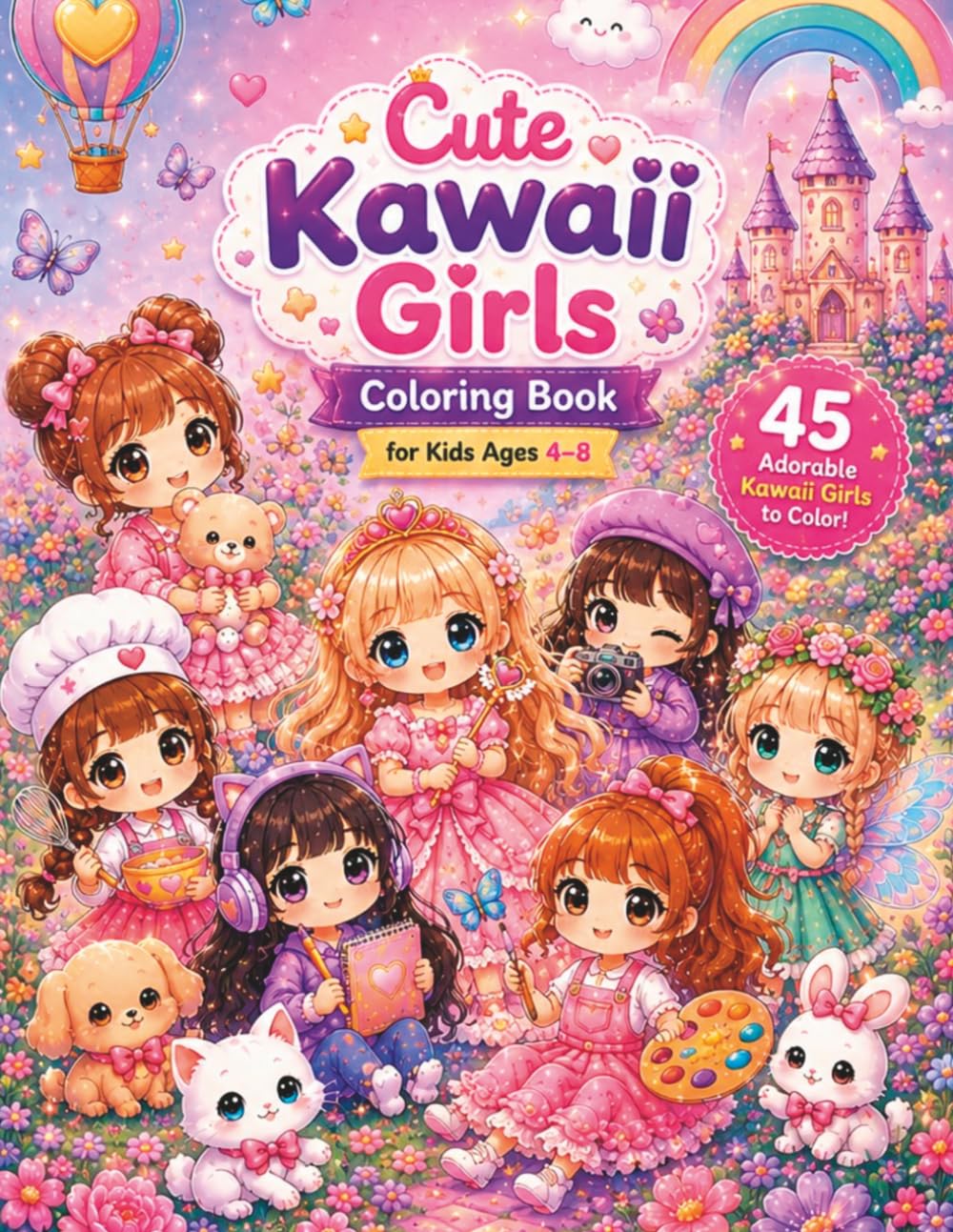 Cute Kawaii Girls Coloring Book for Kids Ages 4–8: 45 Adorable Kawaii Girls to Color! Cute Chibi, Princess, Fairy & Fantasy Coloring Pages for Creative Kids