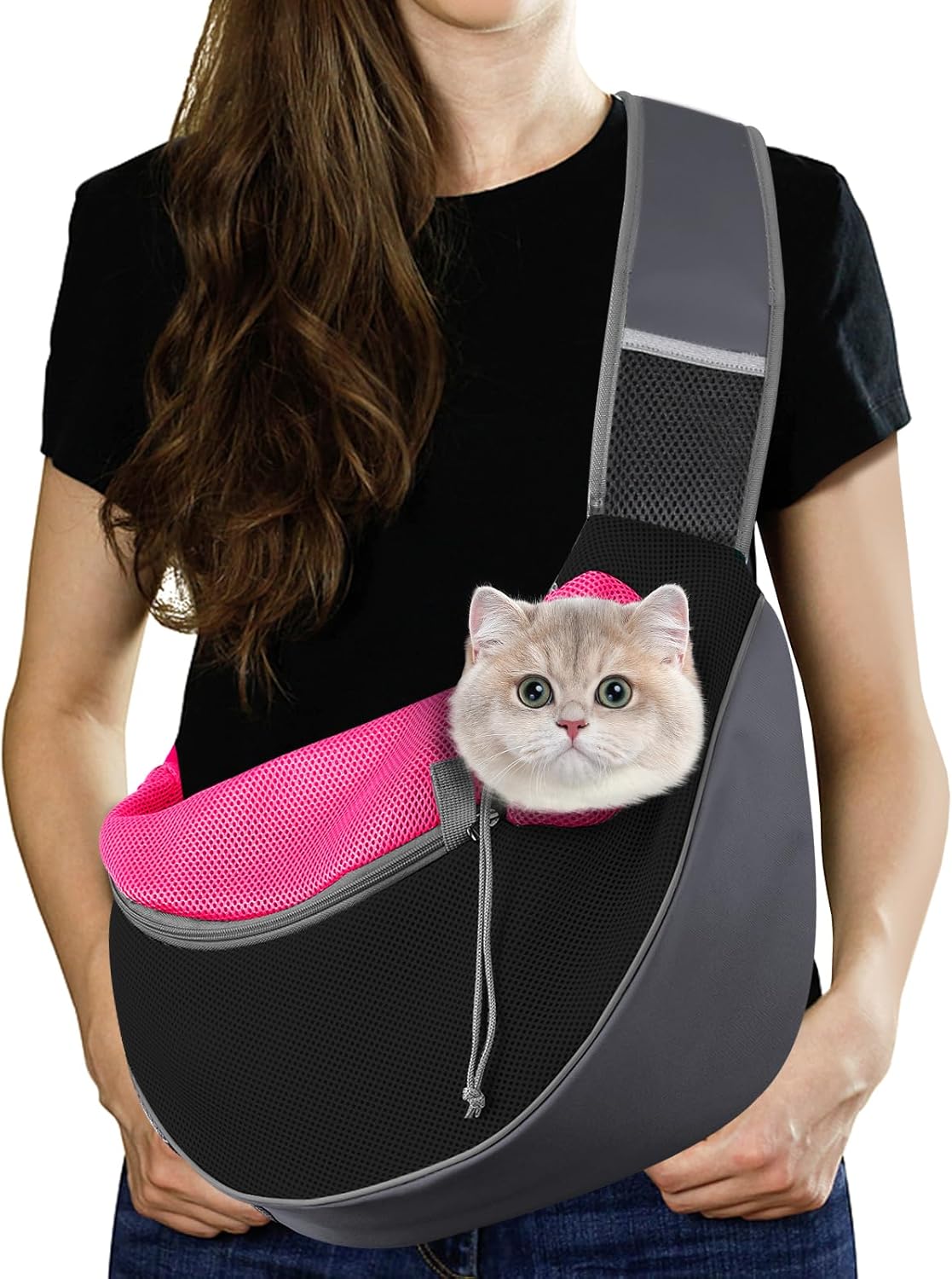 Pawaboo Dog Sling Carrier, Hand Free Breathable Mesh Bag for Puppy Cat, Drawstring Dog Papoose with Adjustable Strap and Pocket, Crossbody Satchel Dogs Purse for Outdoor Travel, S, Magenta Magenta Small