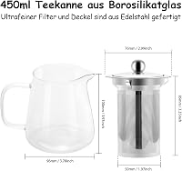 Honneeo Üveg Teáskanna 450ml Rozsdamentes Acél Szűrővel, Hőálló Boroszilikát Teafőző Laza Tea és Virágos Tea Készítéshez 2
