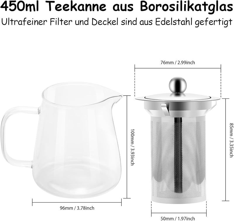Honneeo Üveg Teáskanna 450ml Rozsdamentes Acél Szűrővel, Hőálló Boroszilikát Teafőző Laza Tea és Virágos Tea Készítéshez
