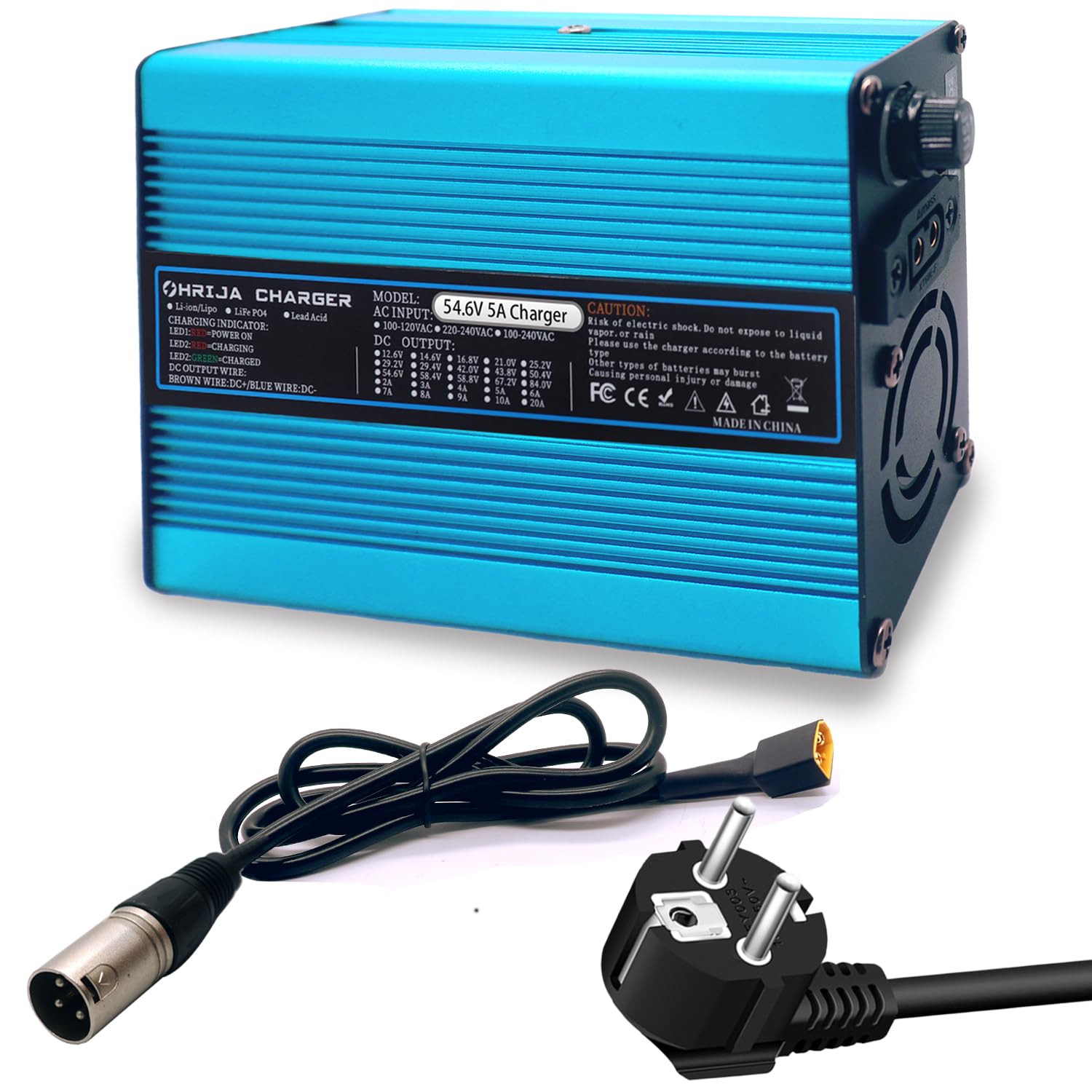 Chargeur de Batterie 54,6 V 5 A pour Batterie Lithium 48 V, Alimentation 48 V 5 A, extérieur Bleu avec connecteur XLR 3 Broches 1+2-