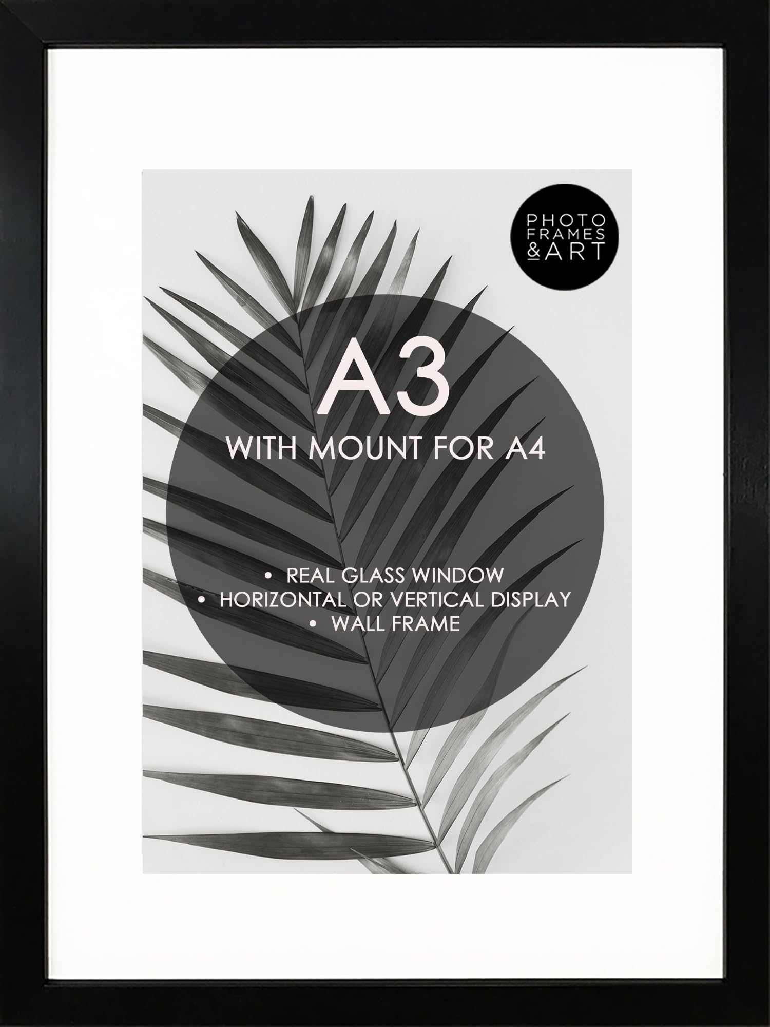 pf+a REAL GLASS A3 Frame With Mount For A4 - Oxford Black Frame With Glass - A3 for A4 Picture Frame With White Mount