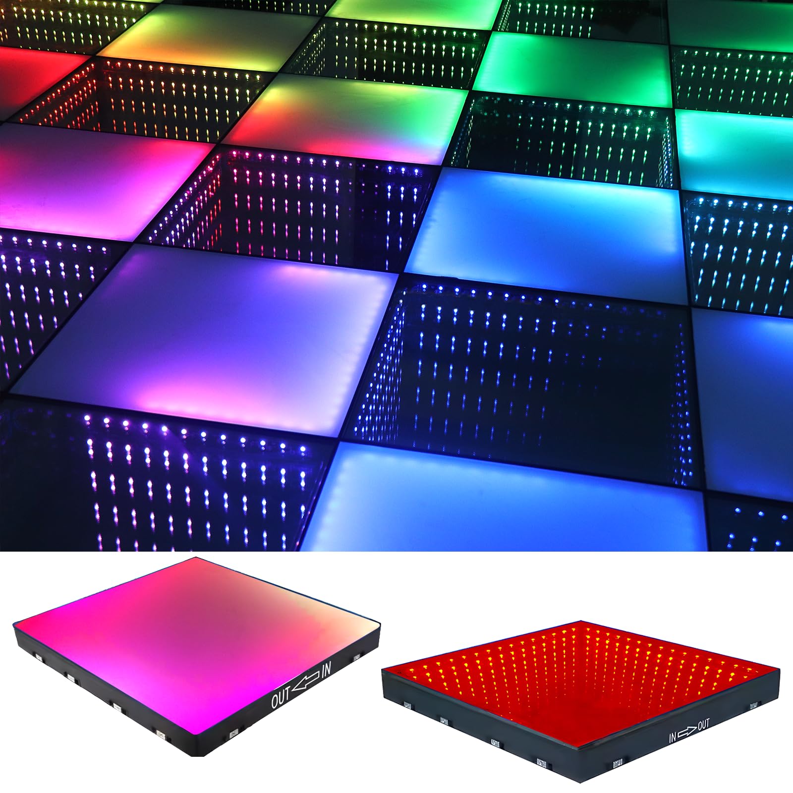 8x8FT 3D&RGB Magnetic LED Dance Floor with Infinity Mirror, Tempered Glass & Flight Case for Weddings, Parties, Nightclubs & KTV