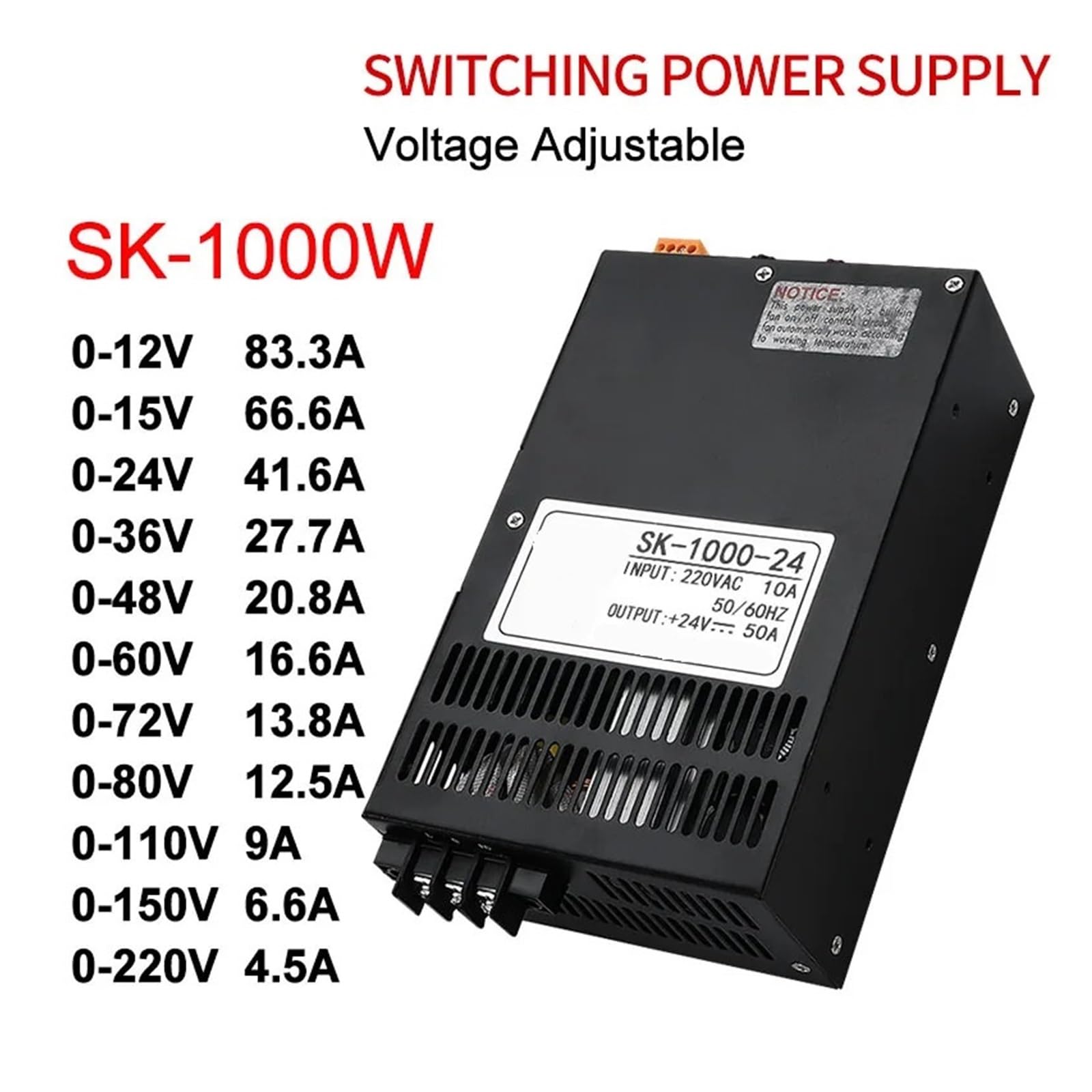 Alimentatore switching SK-1000 0-12V 15 24V 36V 48V 60V 80V 110V 220V AC/DC 220VAC tensione regolabile ad alta potenza SMPS (220V, 0-220V_1000W)