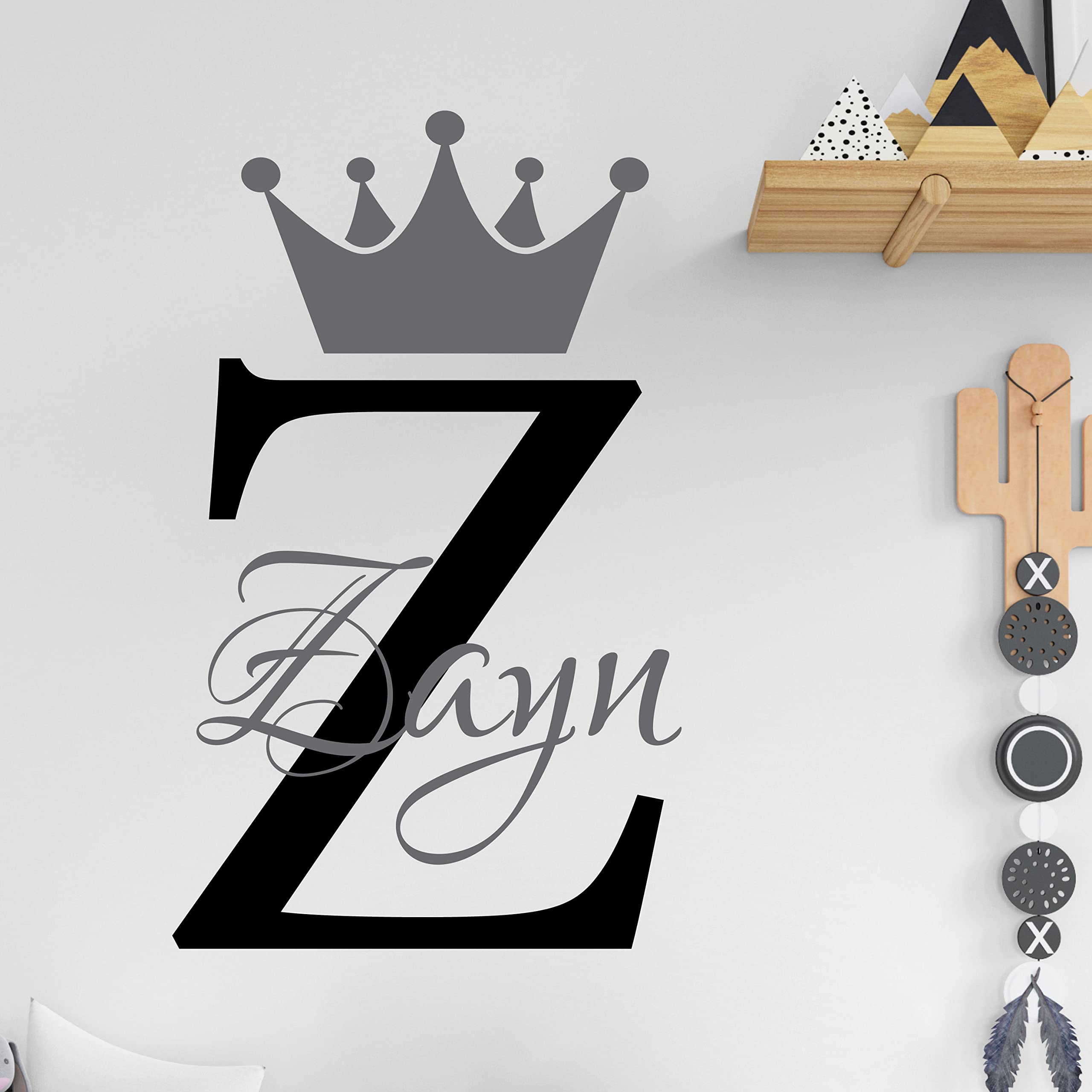 Personalised Name Baby Prince Princess Decal Wall Sticker - Initial Letter Crown [Large] [Black]