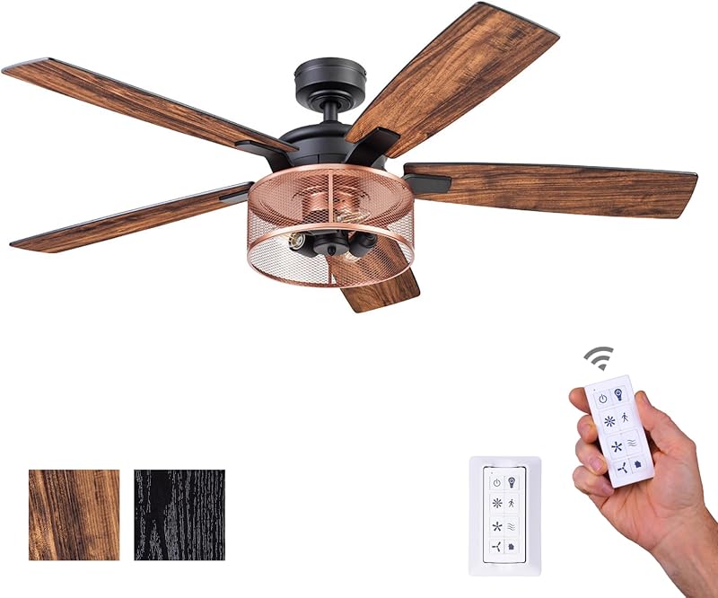 Ventiladores de techo Honeywell Ventilador de techo Carnegie Industrial de 52 pulgadas con luz, ventilador de control remoto, ventilador interior LED con 5 cuchillas, opciones de acabado de cuchillas de roble negro y mopane marrón, cobre (51459-01)