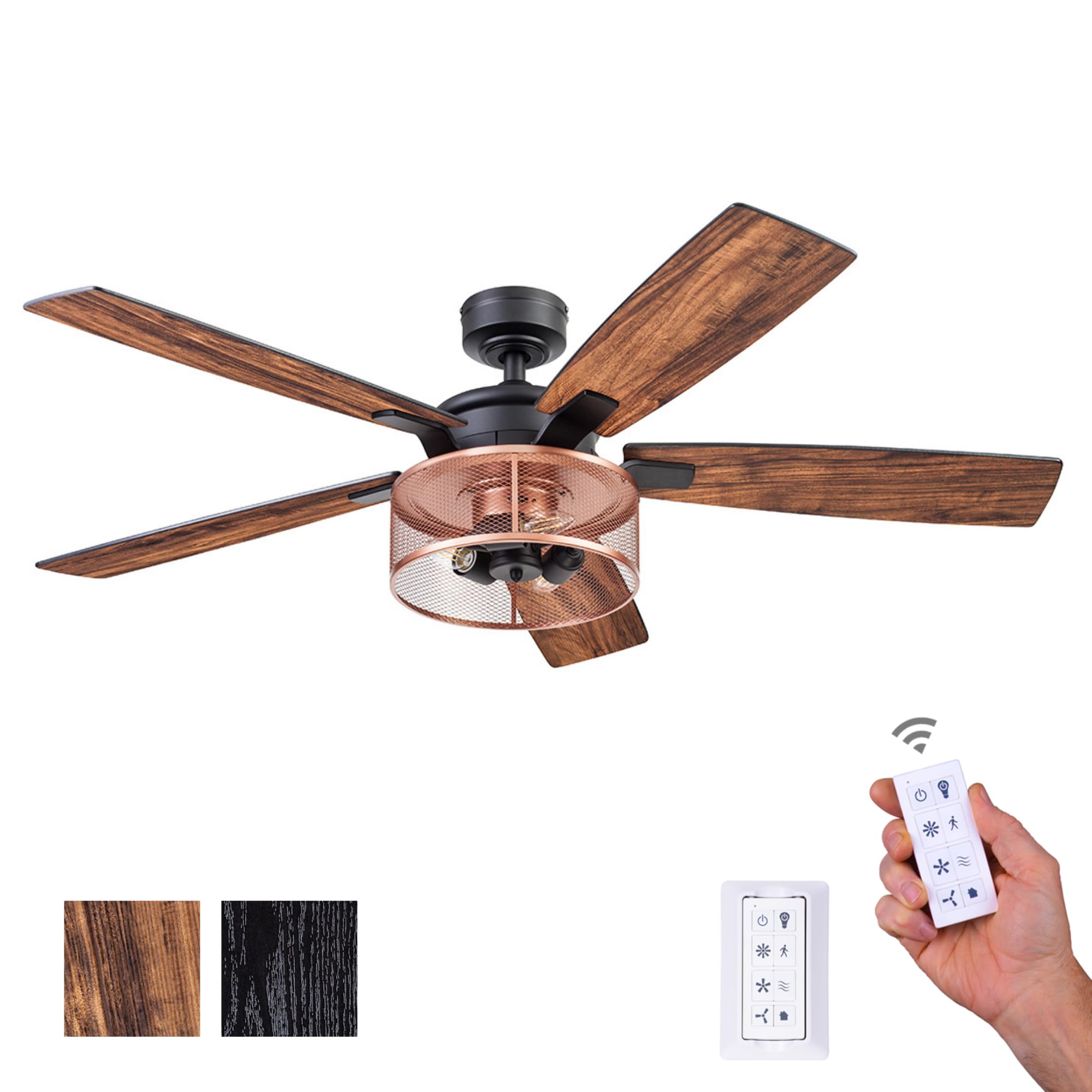 Honeywell Ceiling Fans Carnegie Industrial 52 Inch Ceiling Fan with Light, Remote Control Fan, LED Indoor Fan with 5 Blades, Black Oak and Brown Mopane Blade Finish Options, Copper (51459-01)