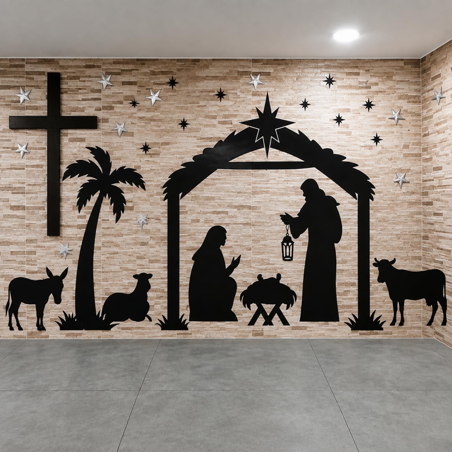 Breling Lot de 4 grandes feuilles d'autocollants muraux en PVC pour crèche de Noël Noir