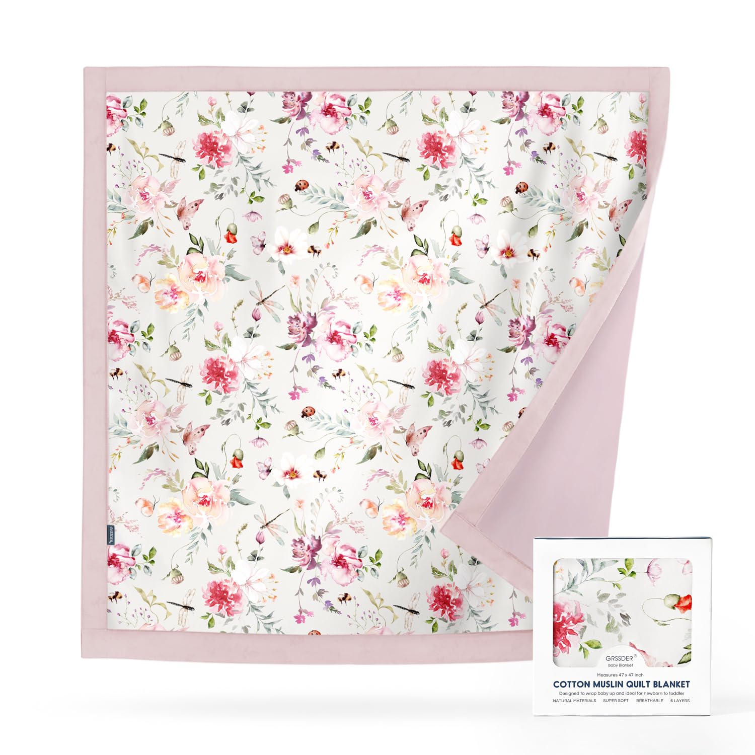 GRSSDER Cotton Muslin Quilt Blanket - Silky Soft and Breathable Baby Blanket Quilt, Oversized Muslin Blankets for Newborns, Toddlers &amp; Kids, 6 Layers Reversible Design for All Seasons, 47" x 47"