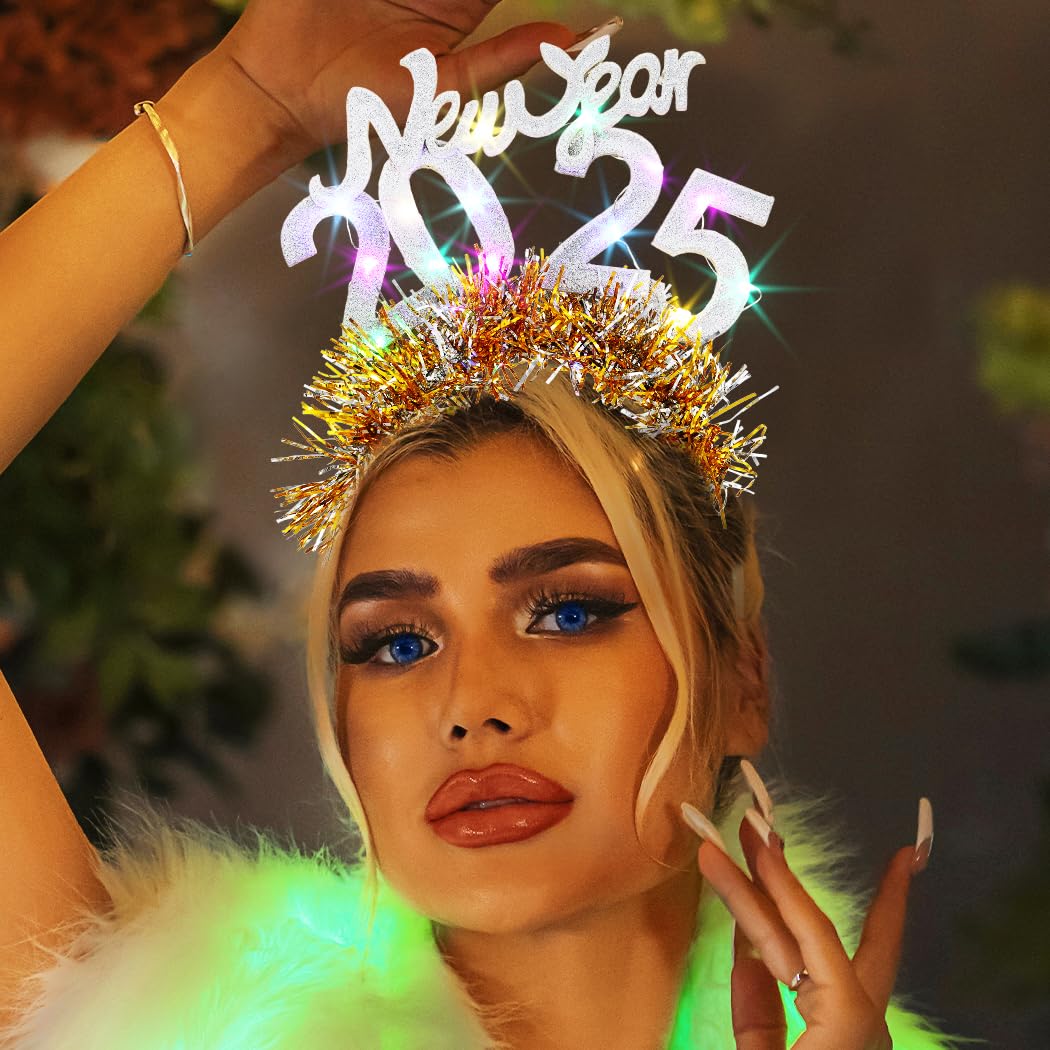 Handcess Light up New Year Headband Glitter LED Hair Band Glowing Costume Hair Hoop 2025 New Year's Eve Party Hair Accessories for Women(Silver - Image 4