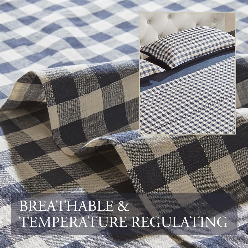 DAPU Linen Sheets Queen,Yarn Dyed Gingham Check Plaid 100% Washed Linen Bedding with Envelope Closure,4 PCs Soft Linen Sheets Set,Geometric Checkered Pattern in Navy Blue & White,Queen Size
