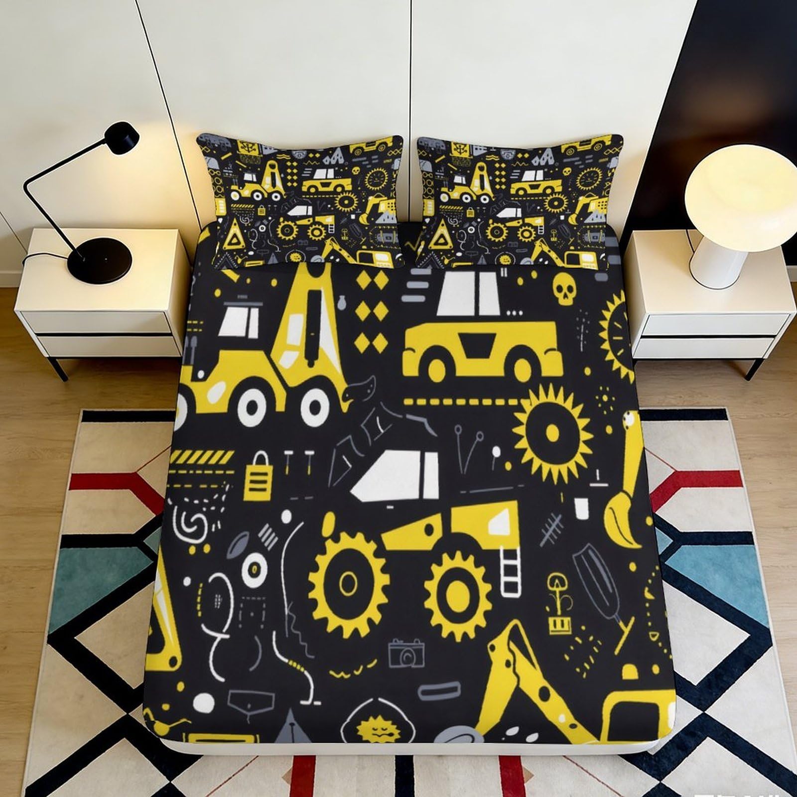 3D Printed Construction Vehicles Fitted Sheet Microfiber Deep Pocket Non-Slip Machinery Mattress Fitted Cover Bedding 120x200x25cm
