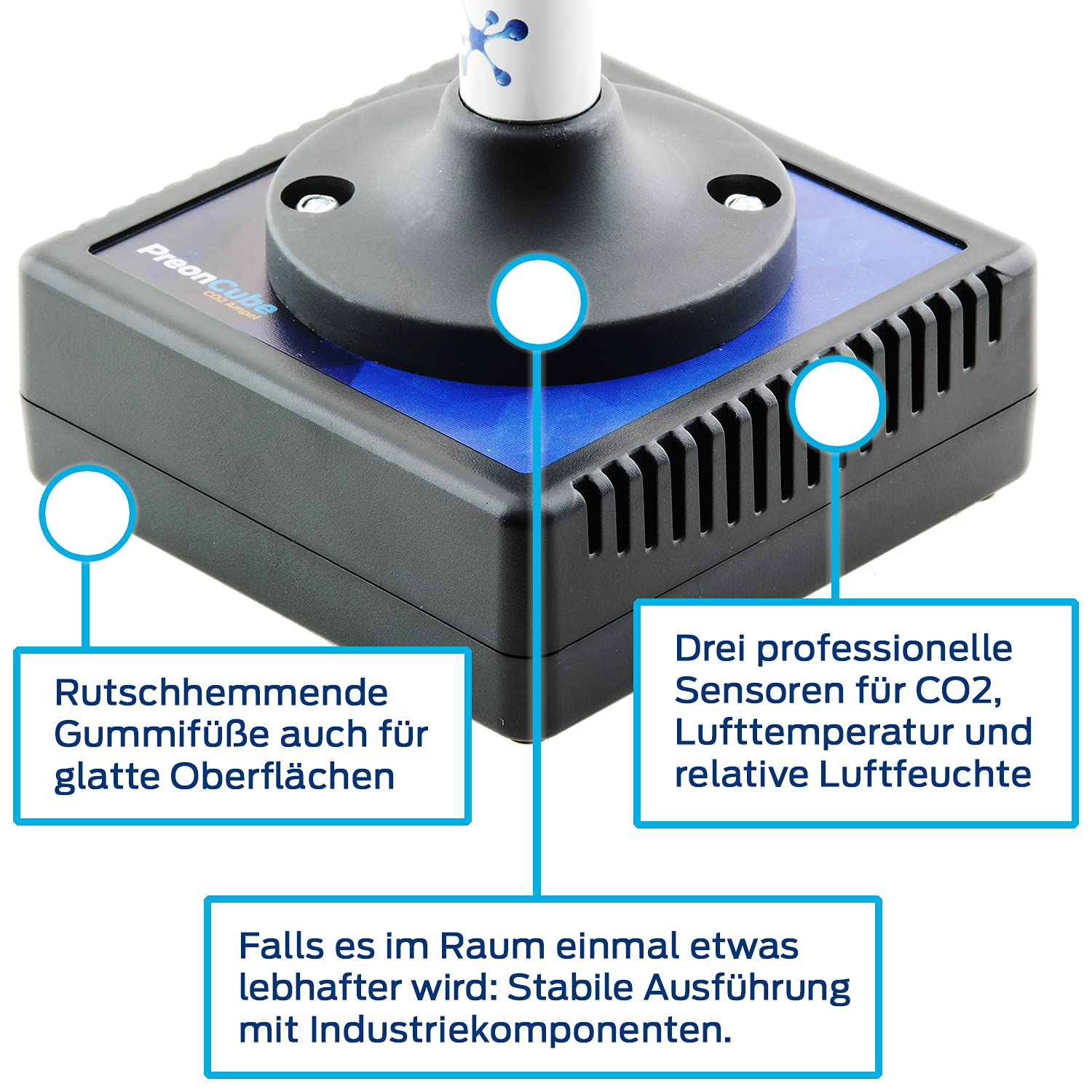 PreonCube CO2 Ampel CO2 Messgerät für bessere Raumluft | 360° Ampel, Sensoren für CO2, Temperatur, Luftfeuchtigkeit, aktivierbarer Warnton, WLAN, Made in Germany