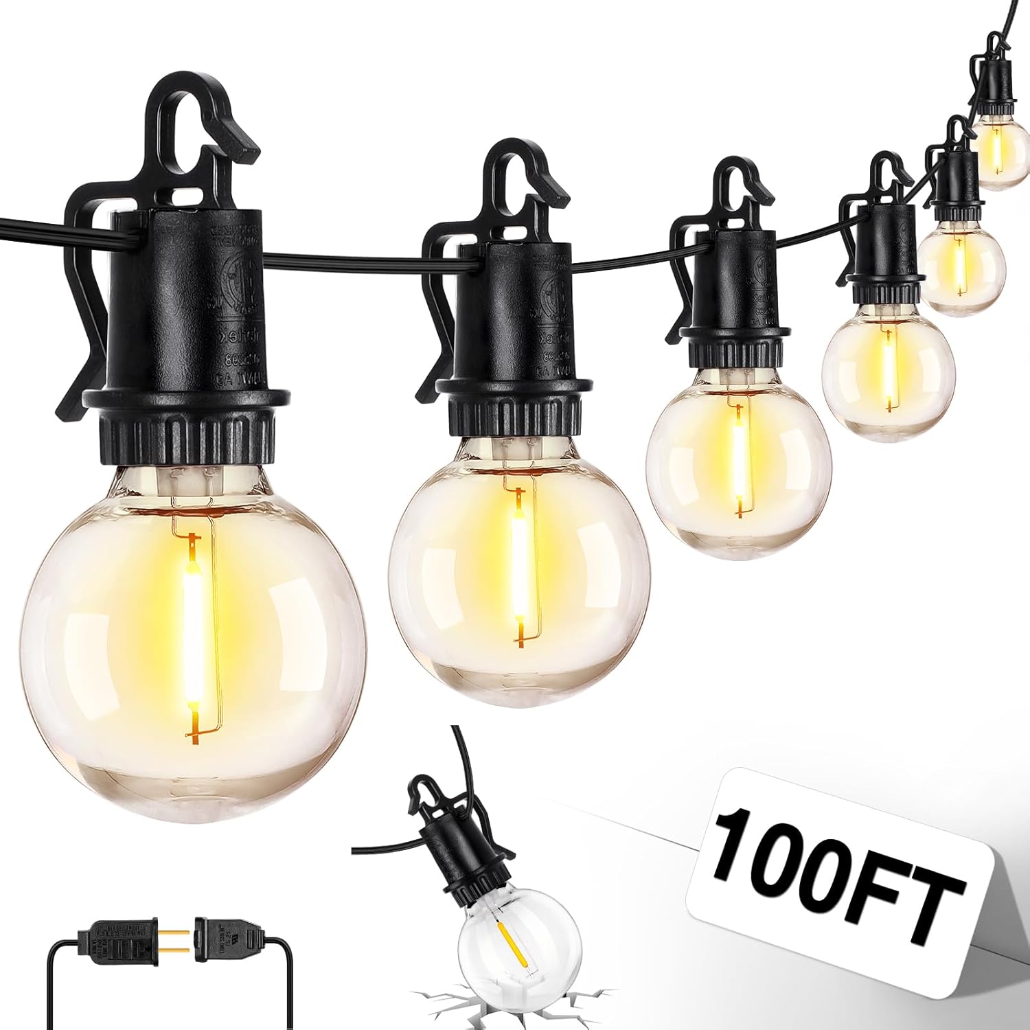 ZJOJO LED Outdoor String Lights,100FT Outdoor Lights for Patio with 32 Shatterproof Bulbs, 2700K Dimmable Waterproof Globe LED Patio Light Lights for Outside Christmas Backyard Bistro Porch Garden