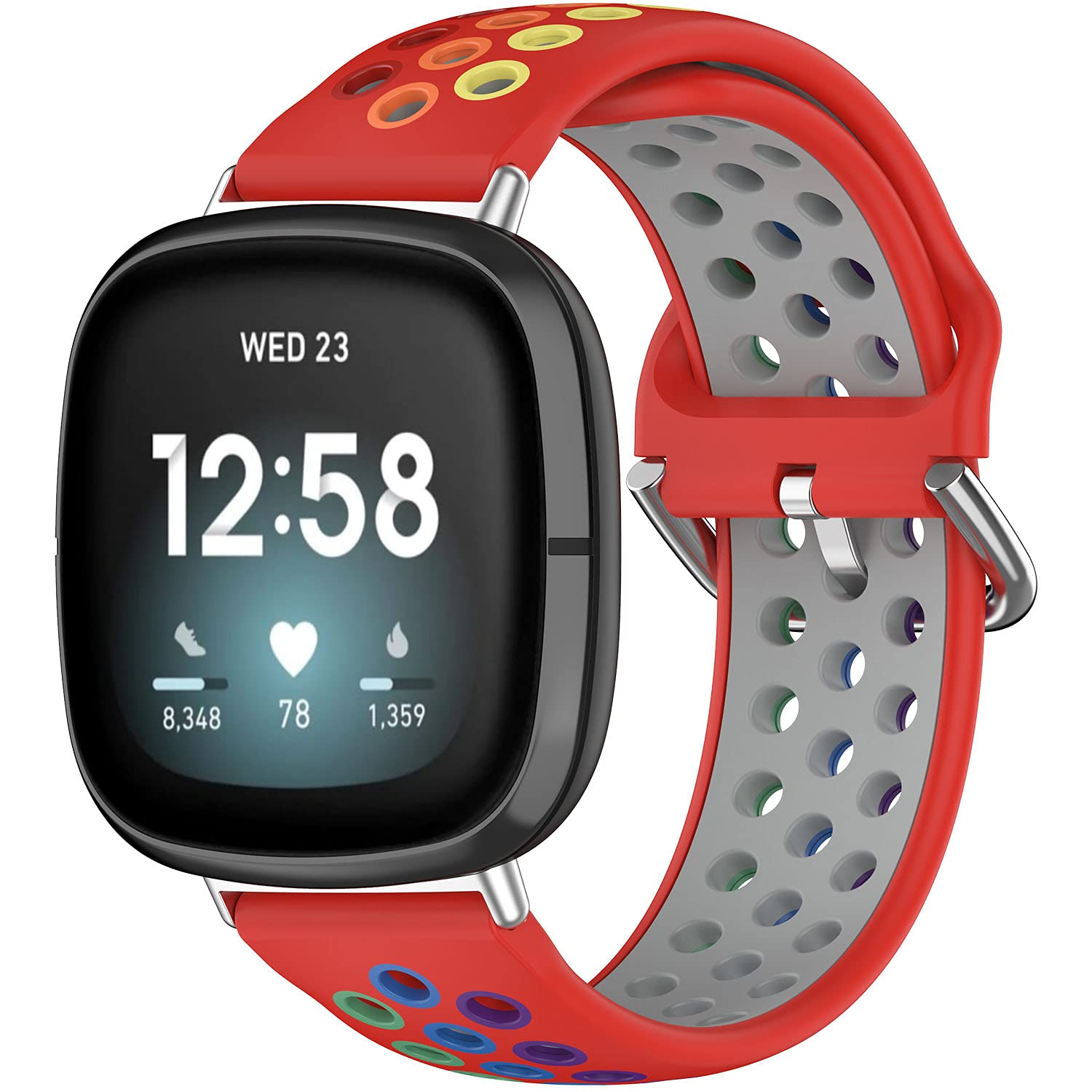 Rainbow Bands Replacement for Fitbit Versa 3 Strap/Versa 4 / Sense Women Men Silicone Colorful Sport Waterproof Quick Release Breathable Bracelet (Sense, Red/Rainbow)