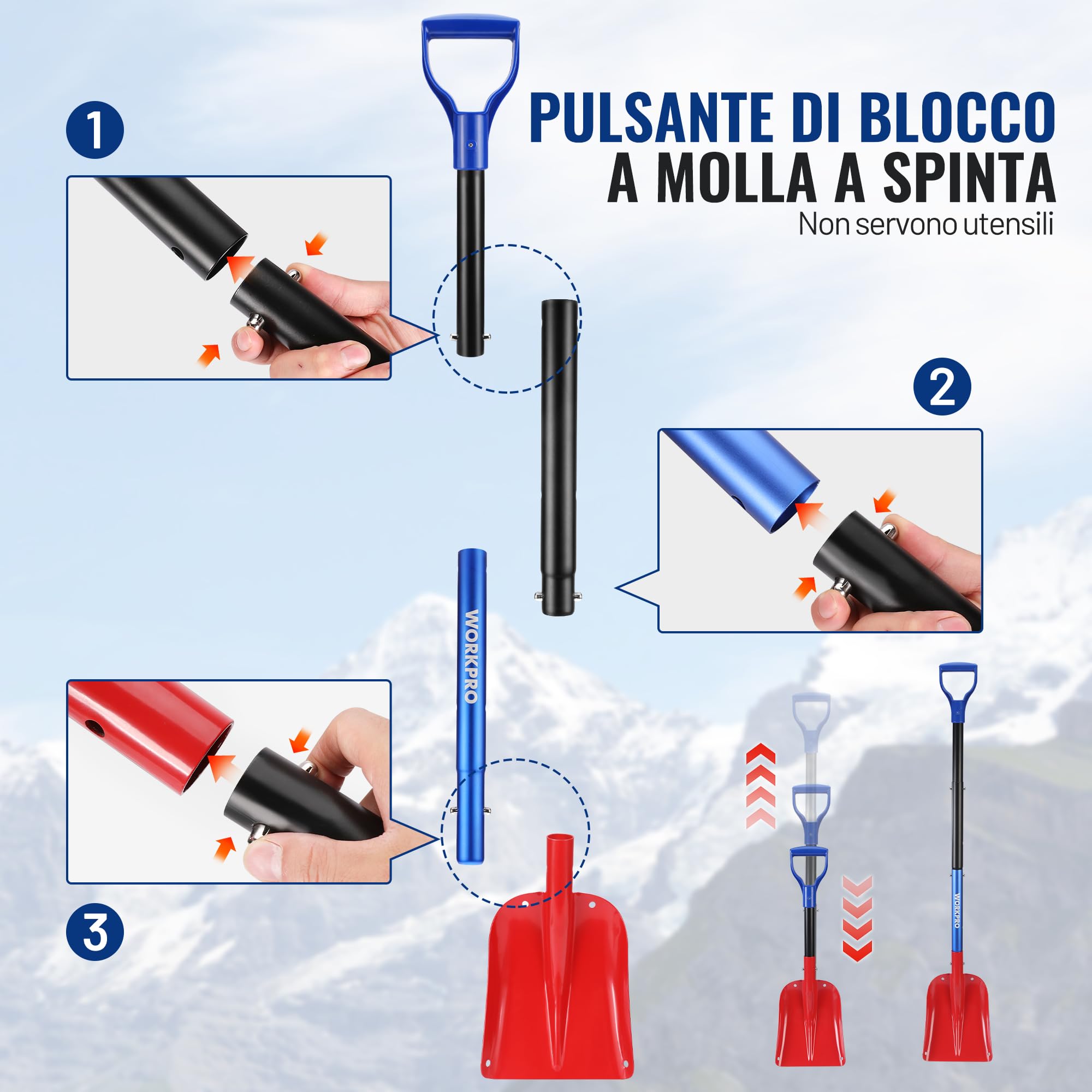 WORKPRO Pala da neve telescopica 66,5-120cm, Pala per la neve portatile staccabile in alluminio con borsa di stoccaggio, Per rimuovere la neve da vialetti, marciapiedi e cortili
