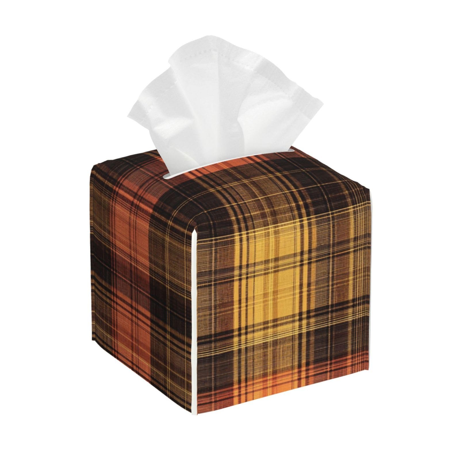 Farmhouse Tartan Print Tissue Box Cover Holder Square, Foldable Modern Cube Tissue Box Cover, Leather Decorative Organizer for Tabletop Bathroom Car Office Desk Decor