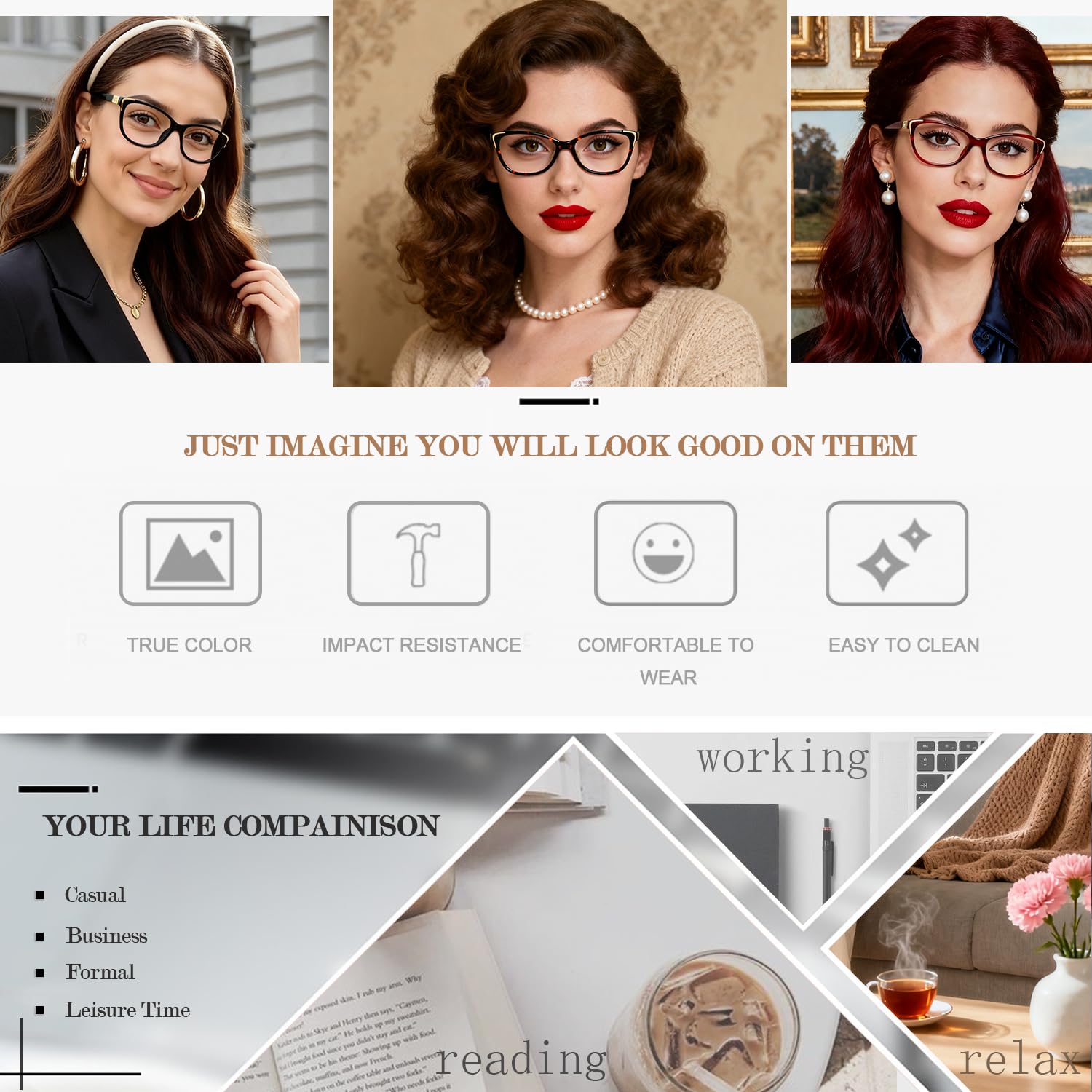 Lunettes de qualité pour femmes Vogue Design Cadres sans prescription avec strass trois couleurs au choix