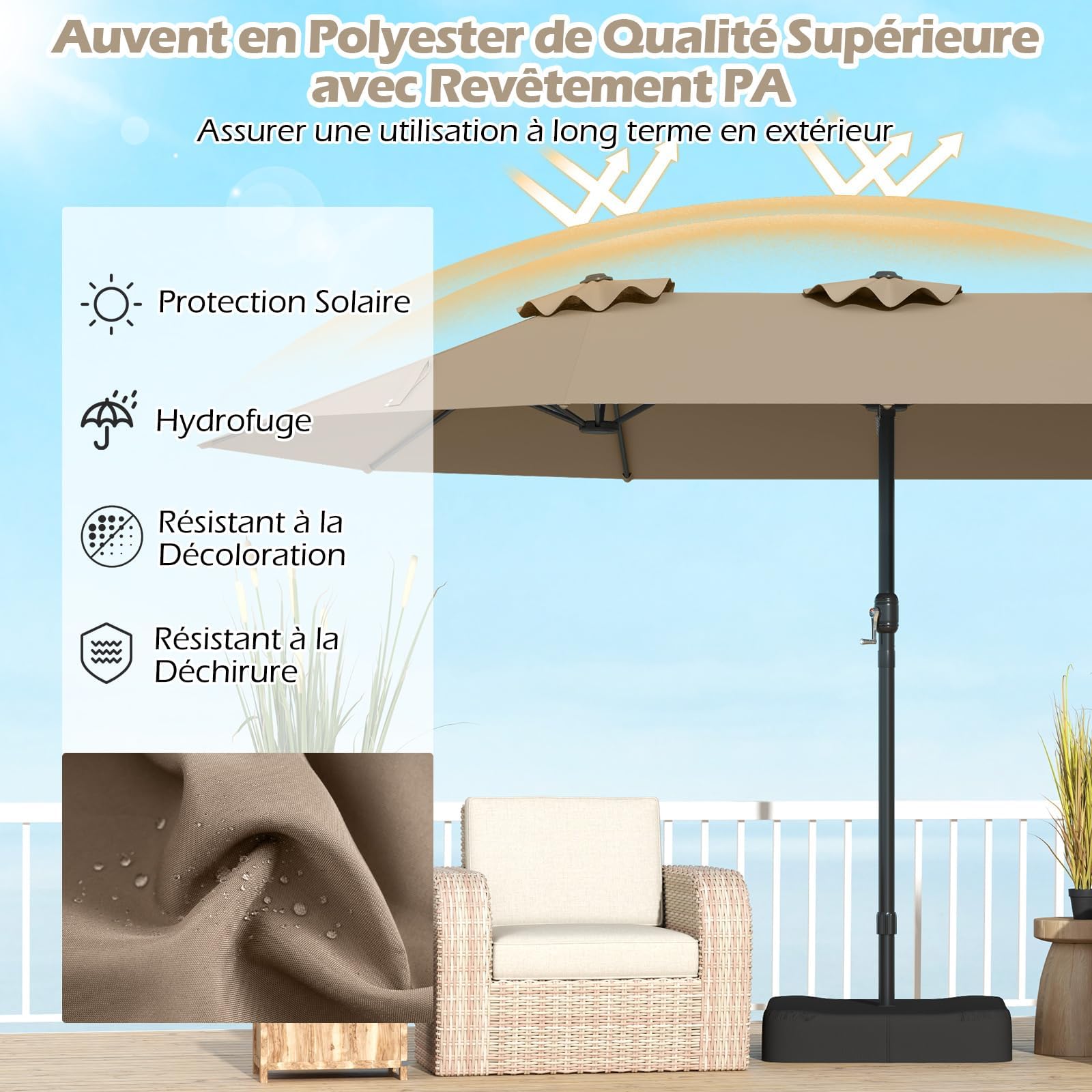 GOPLUS Parasol de Jardin Exterieur avec Pied, 4,5M Grand Parasol Rectangulaire Double Face, avec Manivelle, 12 Baleines, Base avec Sacs de Sable, pour Piscine Jardin Terrasse (Marron)