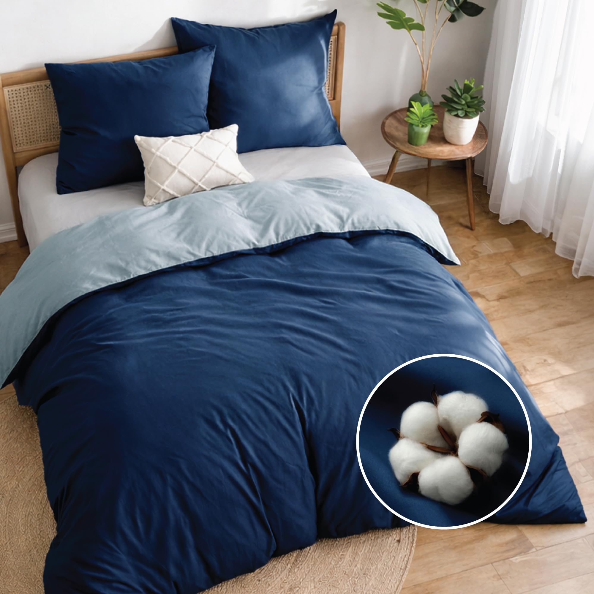 Dreamzie Bettwäsche 200x200 Baumwolle 3teilig - Bettwäsche-Sets mit 2 Kissenbezüge 65x65 - Wendebettwäsche mit Reißverschluss - Oeko-Tex Zertifiziert - Farbe: Dunkelblau