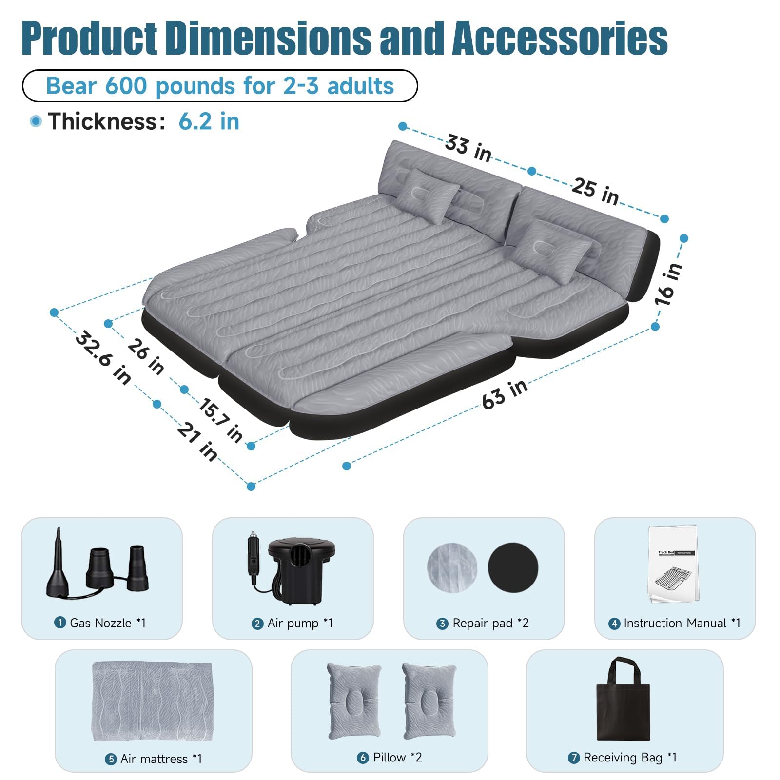 Car Air Mattress, Inflatable SUV Truck Air Mattress Back Seat Camping Bed Thickened Car Sleeping Pad for Travel, Car Bed SUV Mattress with Air Pump 2 Pillows: Silver Grey SUV Air Mattress